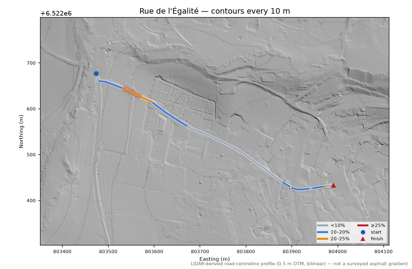 Rue de l'Égalité LiDAR hillshade map with contours