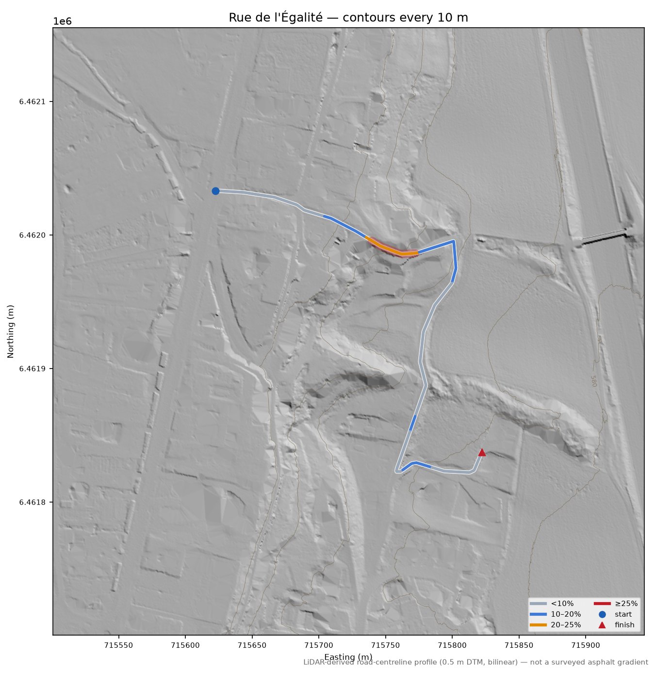 Rue de l'Égalité LiDAR hillshade map with contours