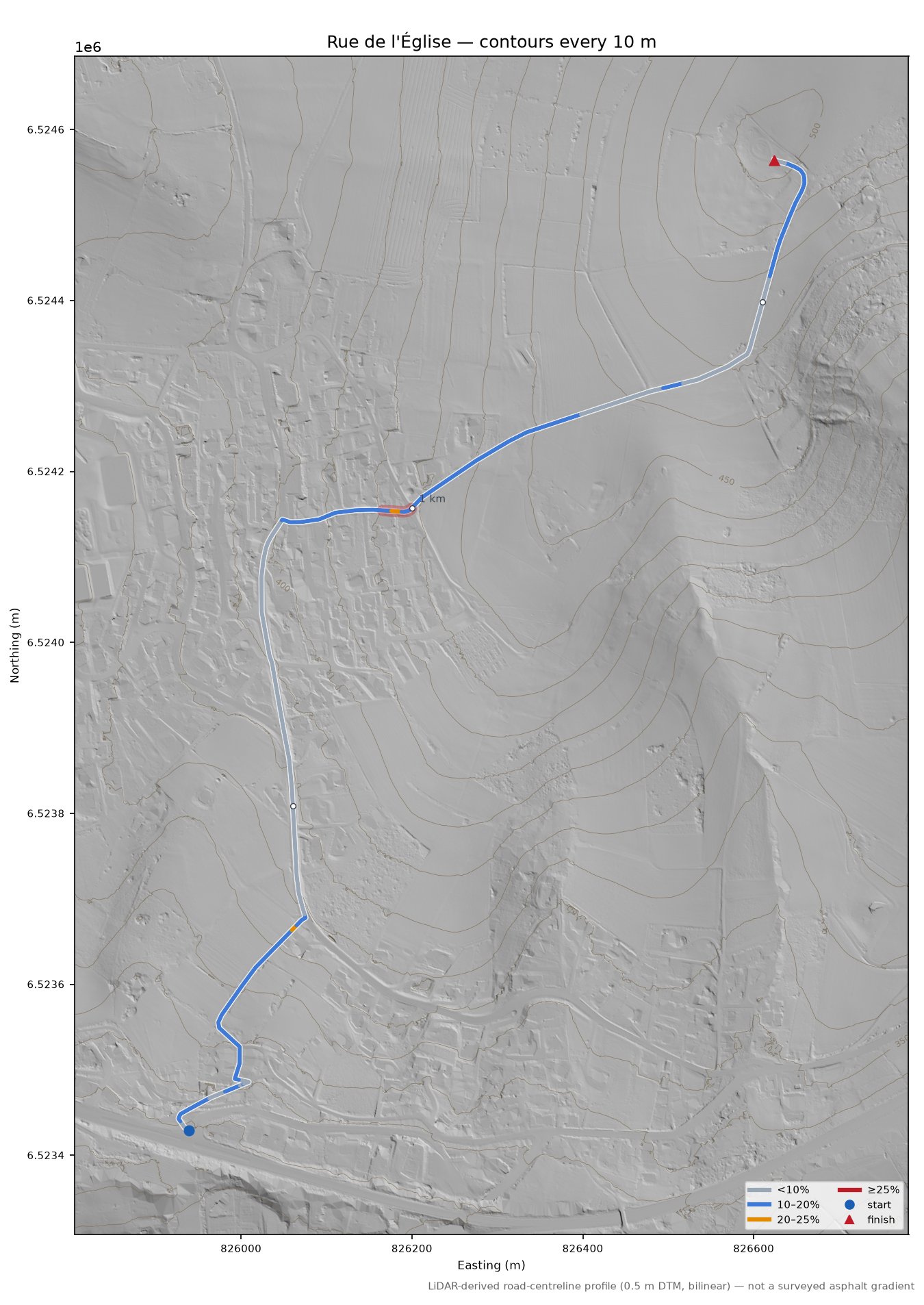 Rue de l'Église LiDAR hillshade map with contours