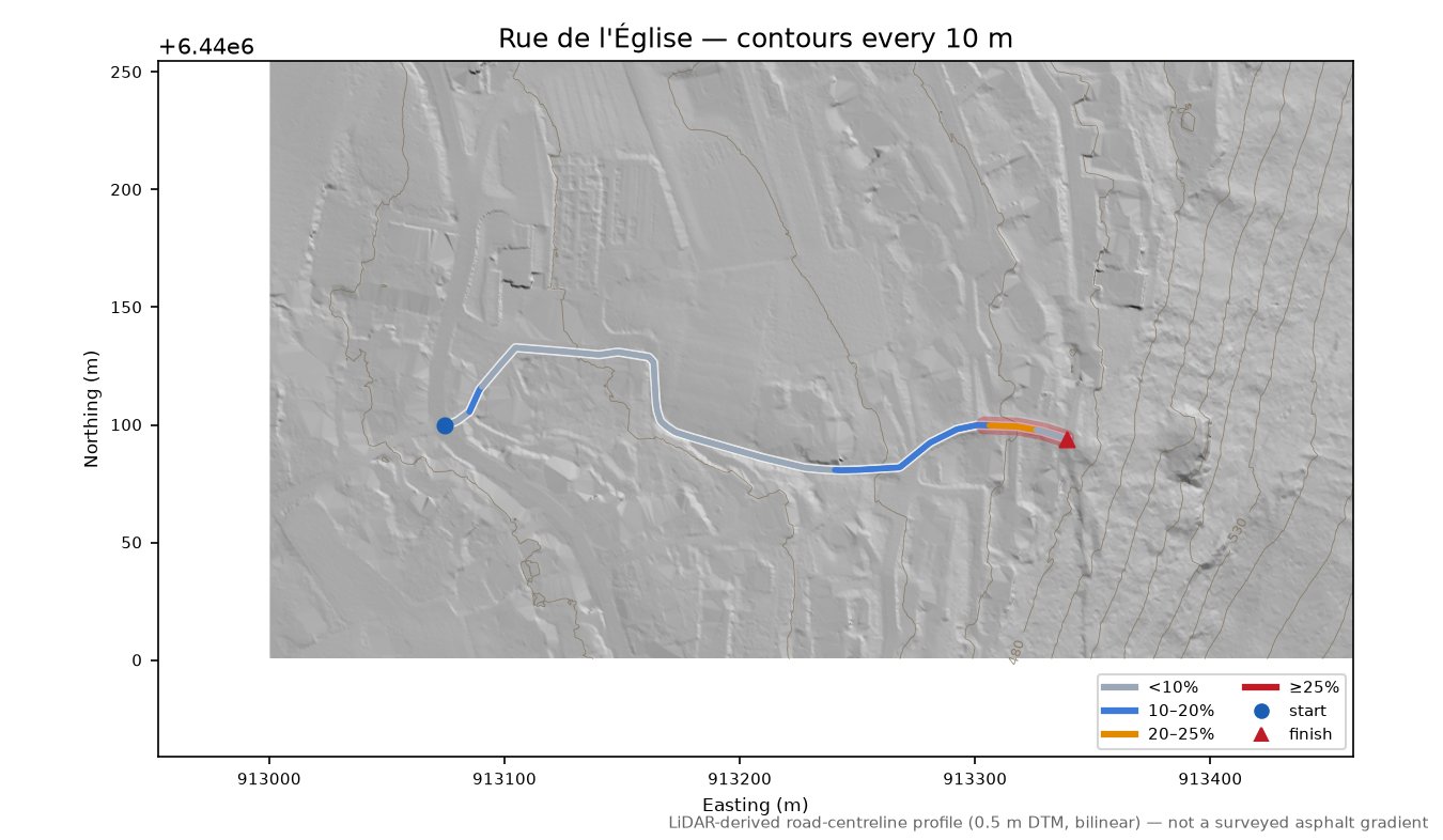 Rue de l'Église LiDAR hillshade map with contours