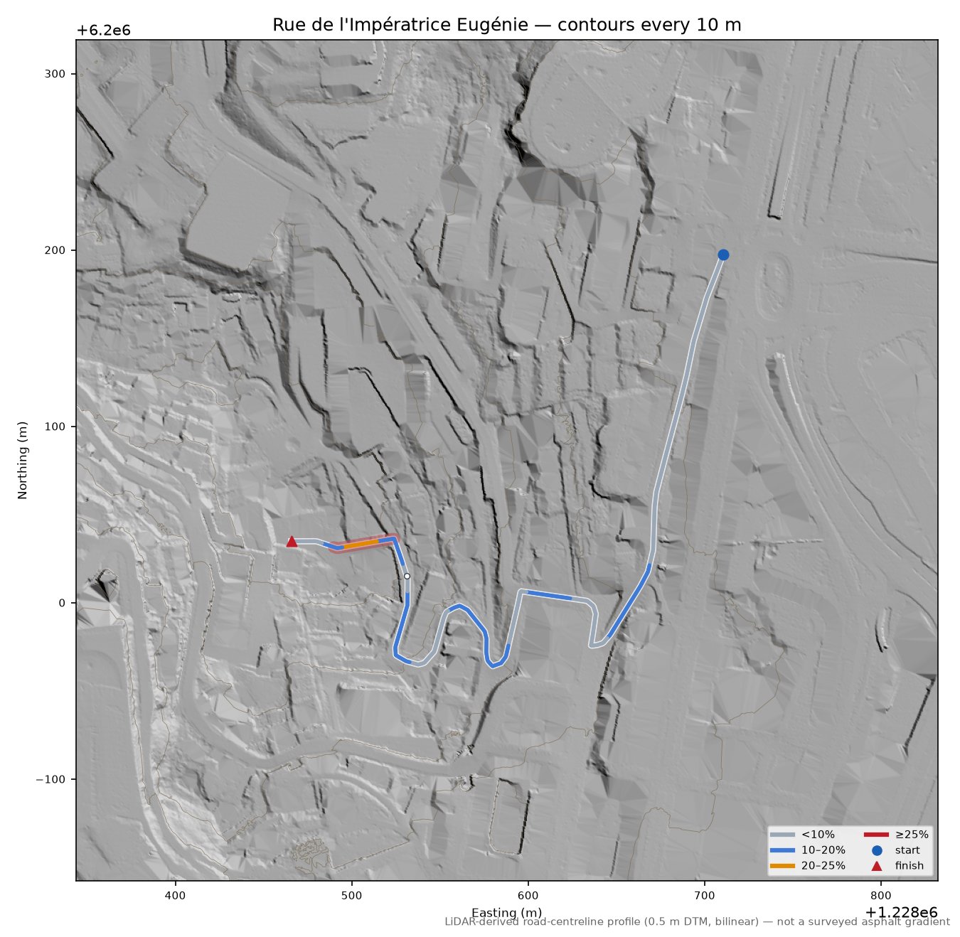 Rue de l'Impératrice Eugénie LiDAR hillshade map with contours