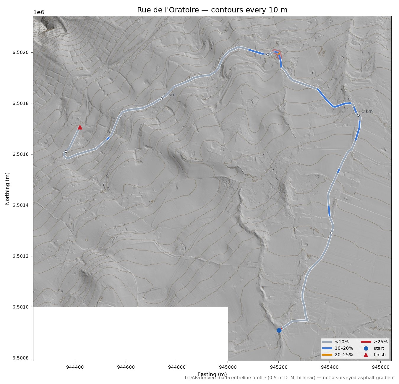 Rue de l'Oratoire LiDAR hillshade map with contours