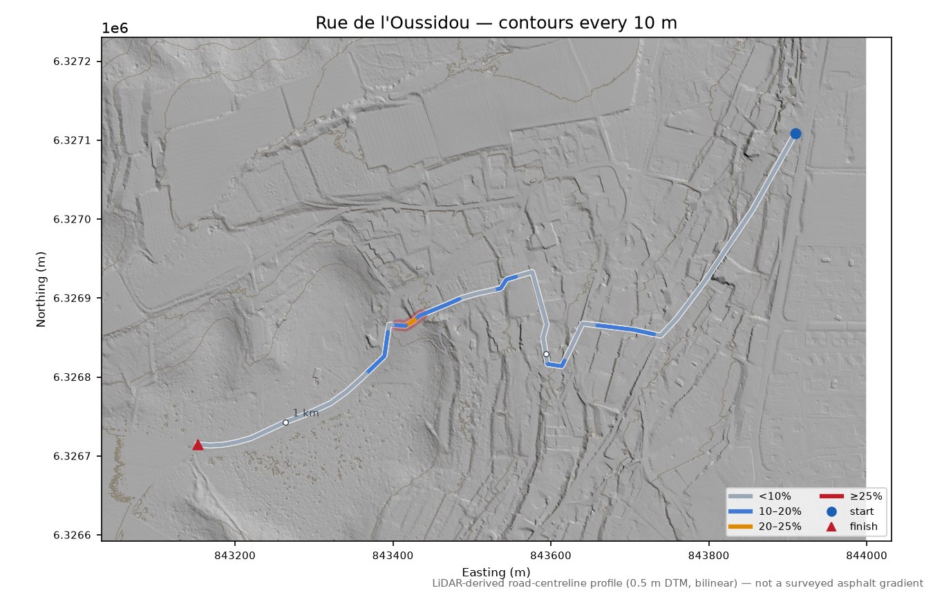 Rue de l'Oussidou LiDAR hillshade map with contours