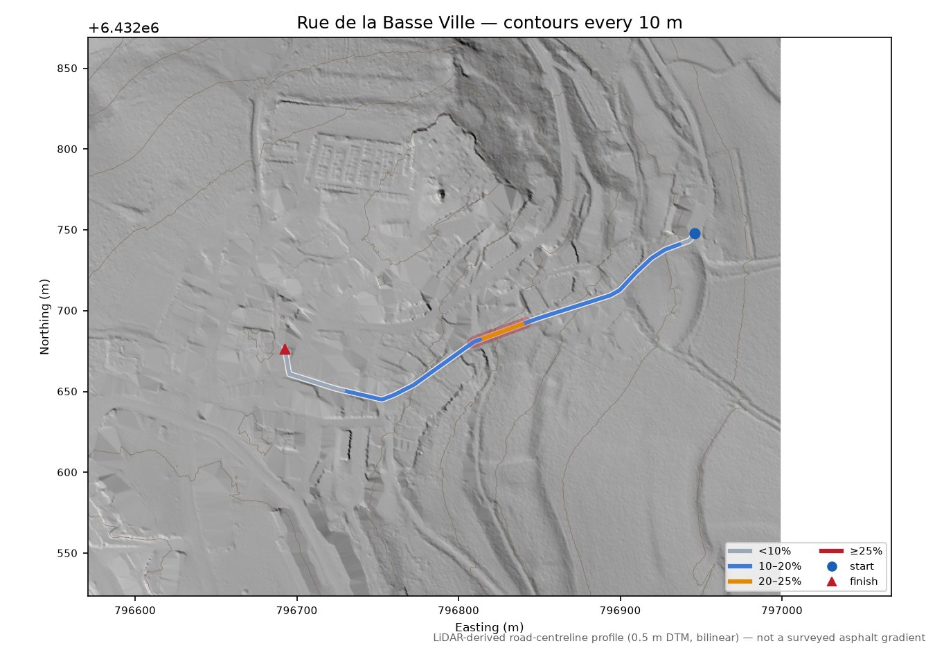 Rue de la Basse Ville LiDAR hillshade map with contours