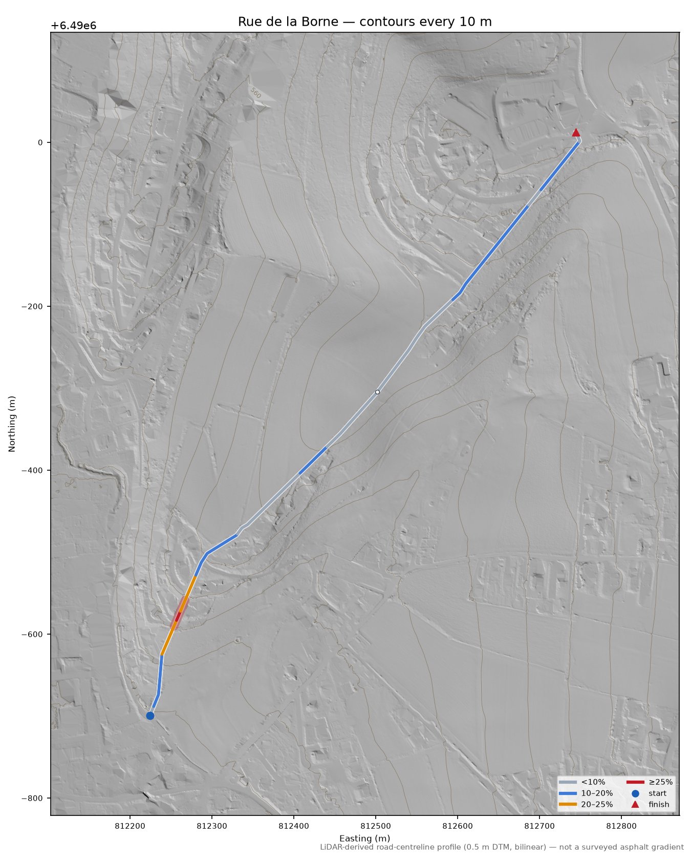 Rue de la Borne LiDAR hillshade map with contours