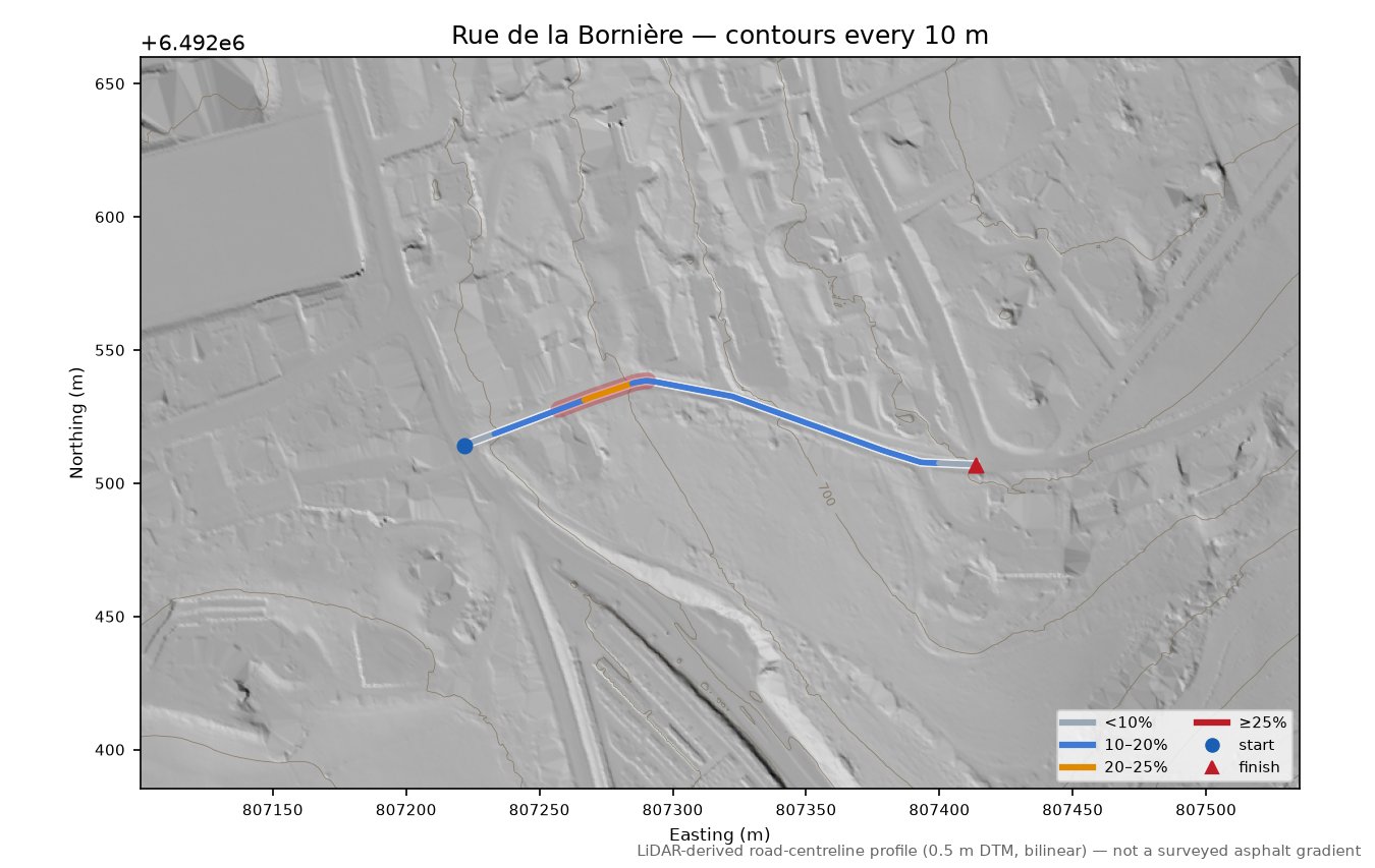Rue de la Bornière LiDAR hillshade map with contours