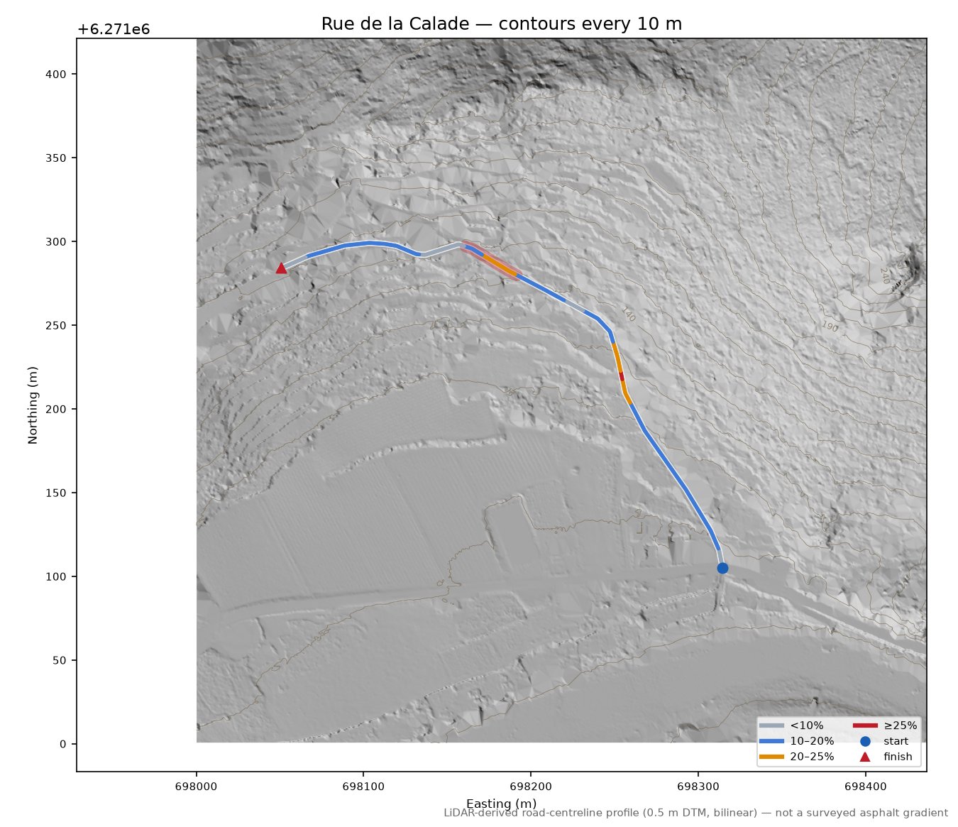 Rue de la Calade LiDAR hillshade map with contours