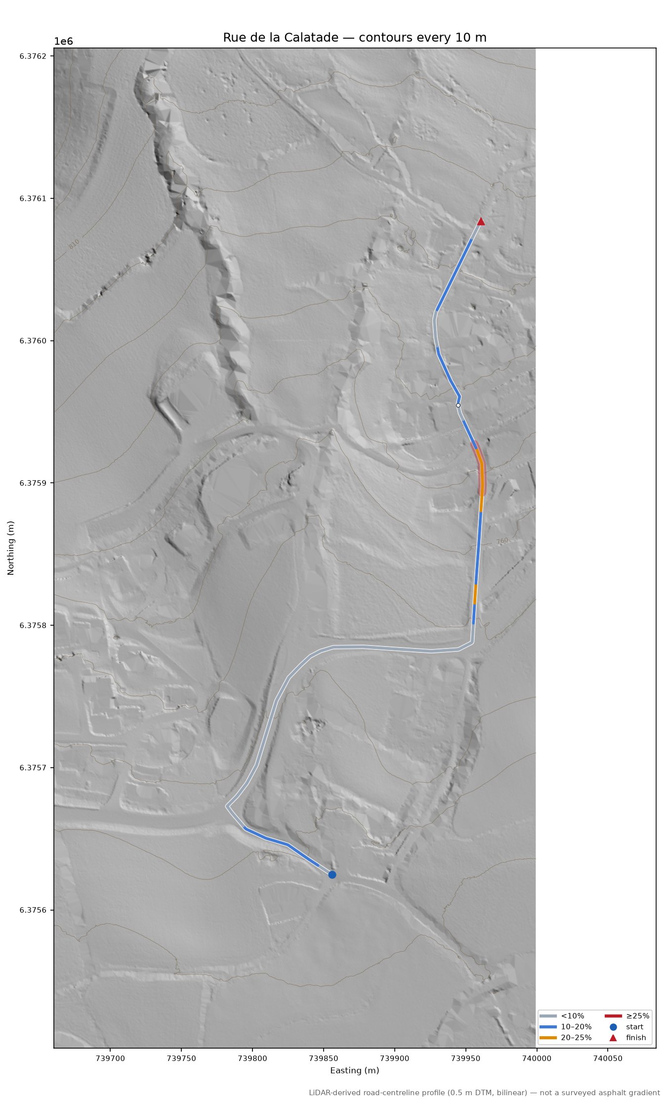 Rue de la Calatade LiDAR hillshade map with contours