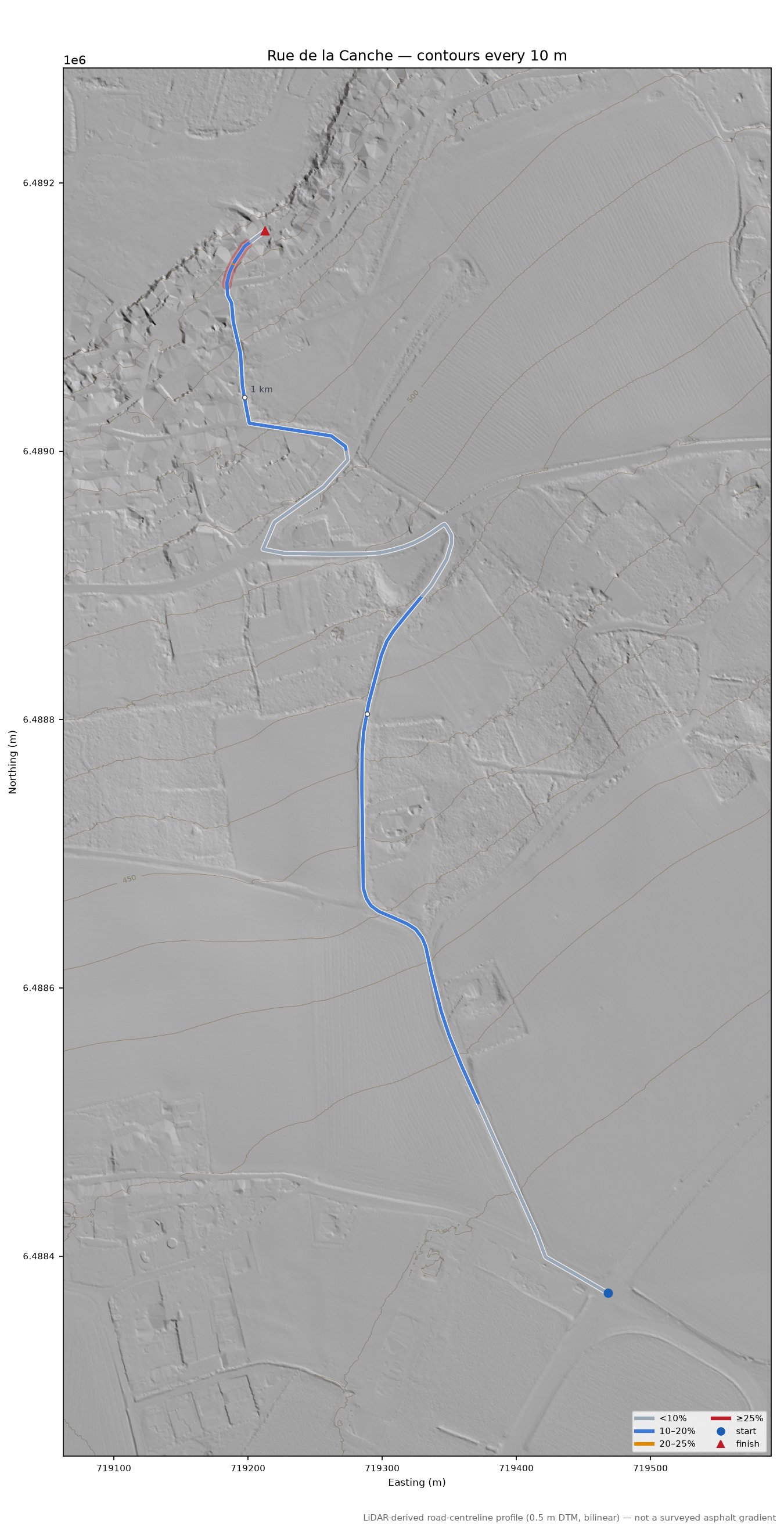 Rue de la Canche LiDAR hillshade map with contours