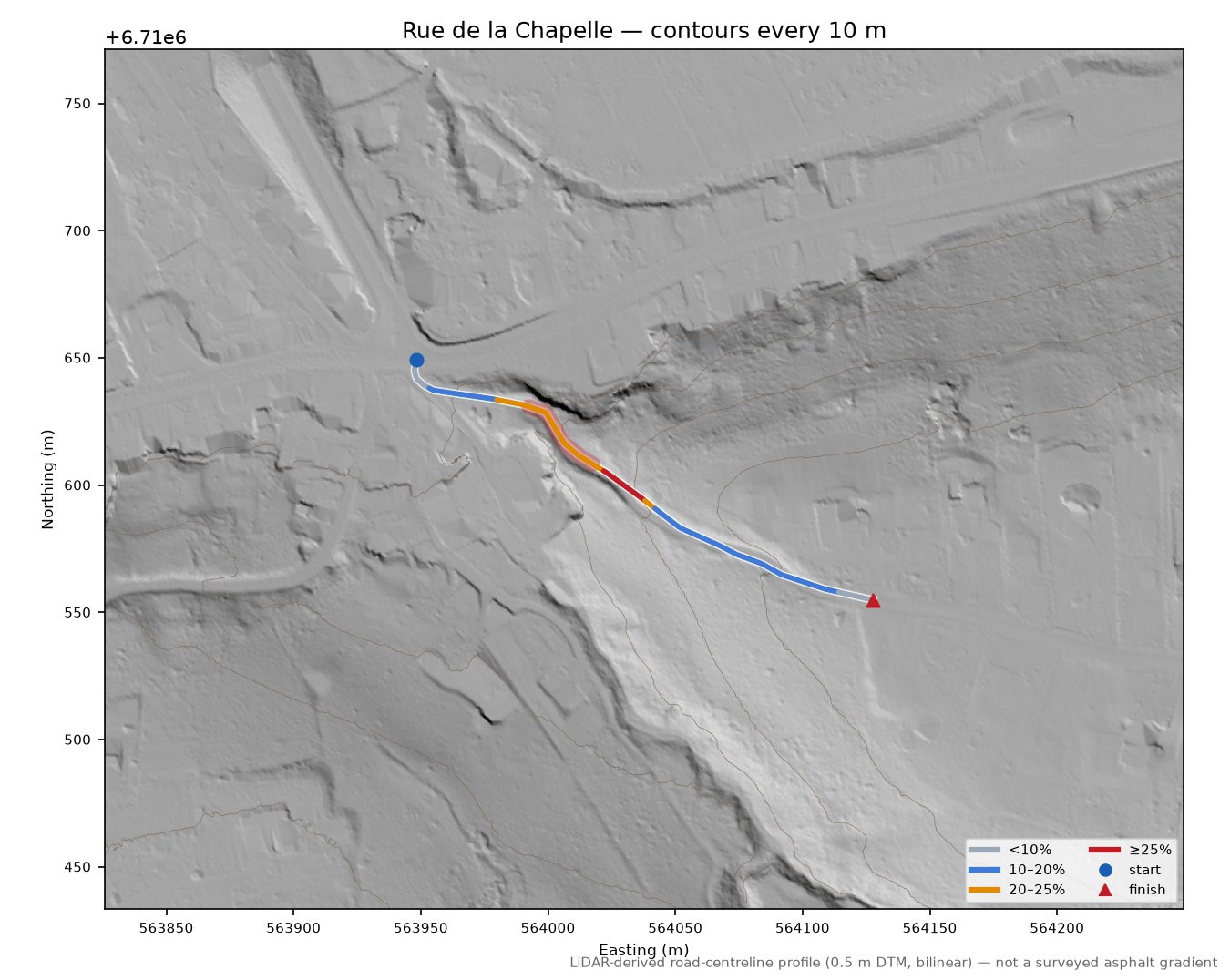 Rue de la Chapelle LiDAR hillshade map with contours