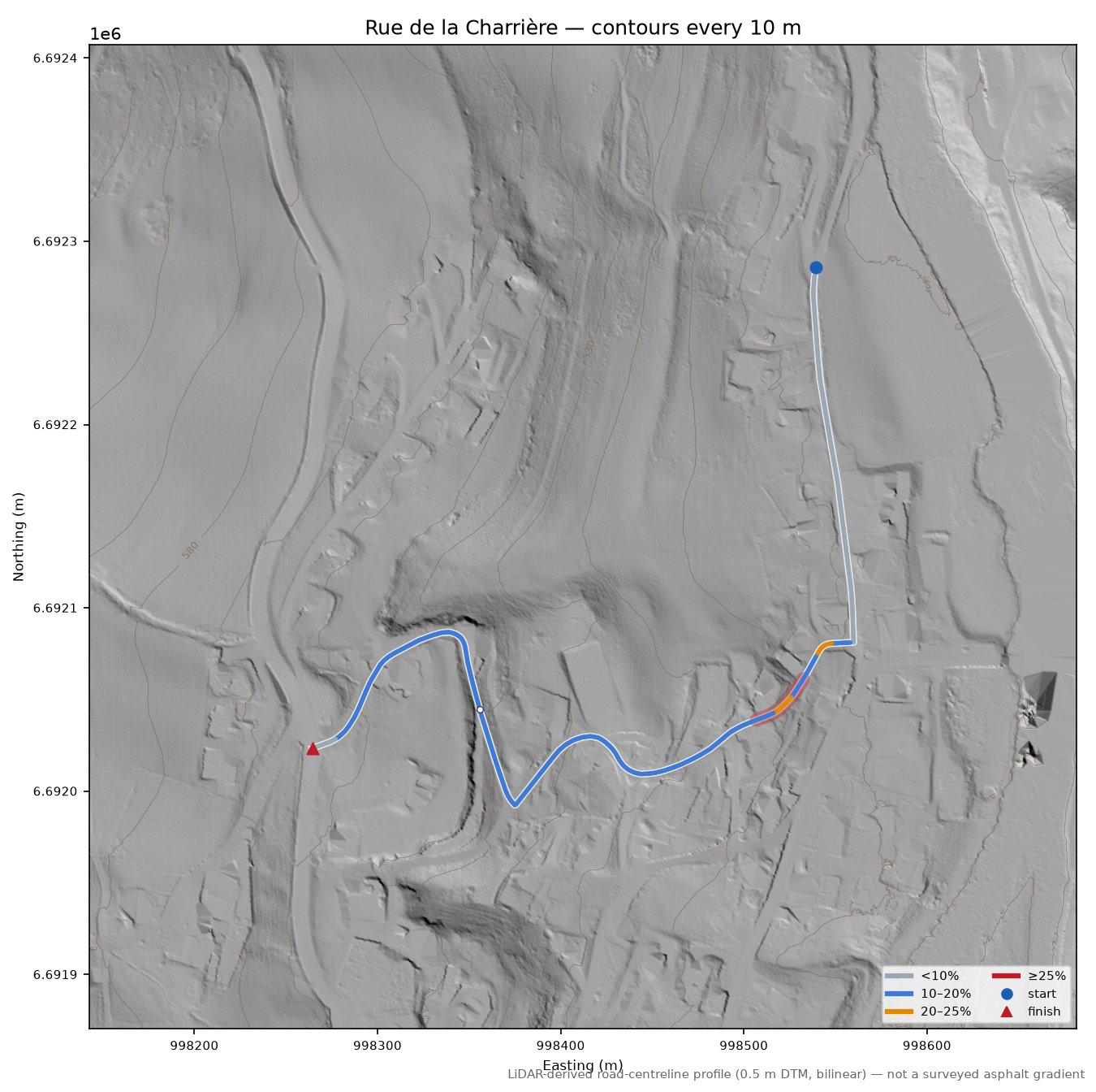 Rue de la Charrière LiDAR hillshade map with contours