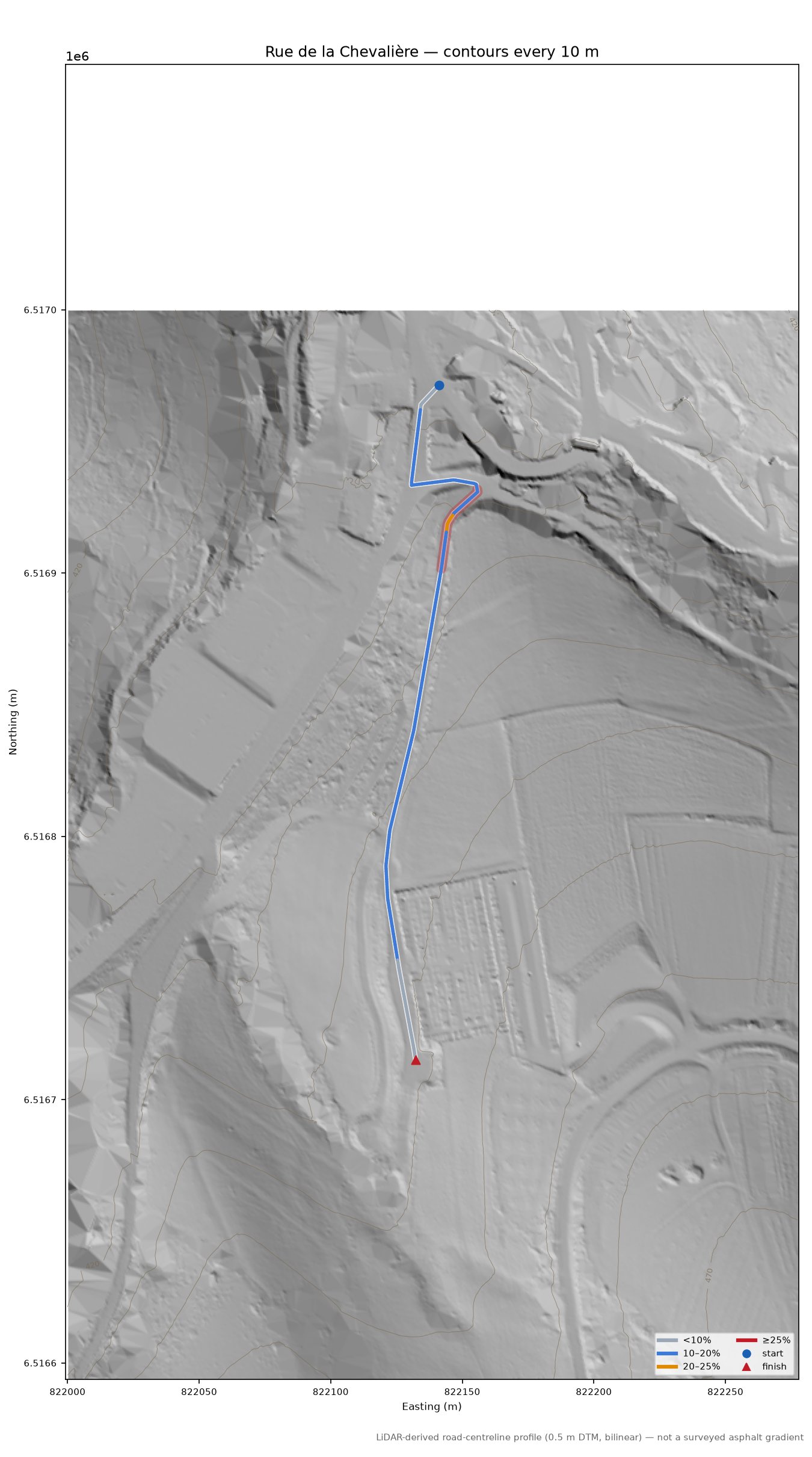 Rue de la Chevalière LiDAR hillshade map with contours