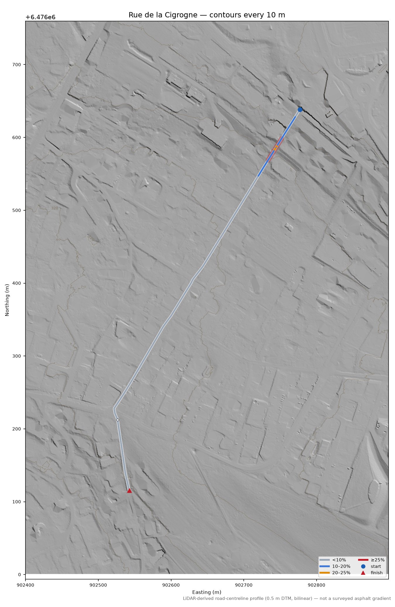 Rue de la Cigrogne LiDAR hillshade map with contours
