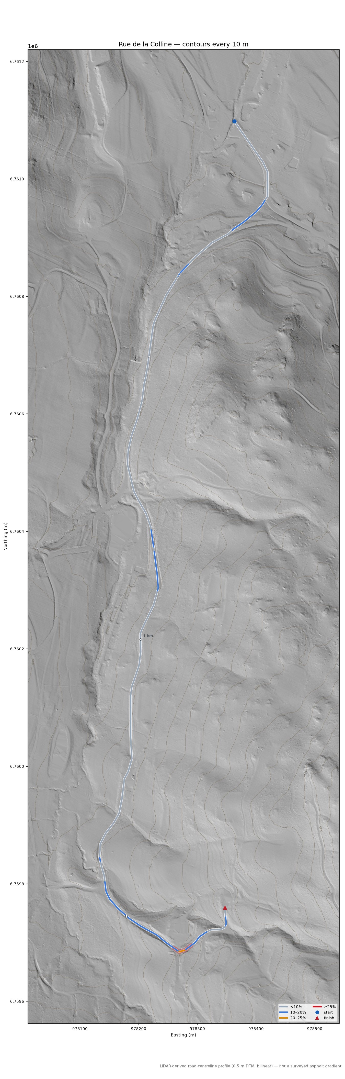 Rue de la Colline LiDAR hillshade map with contours