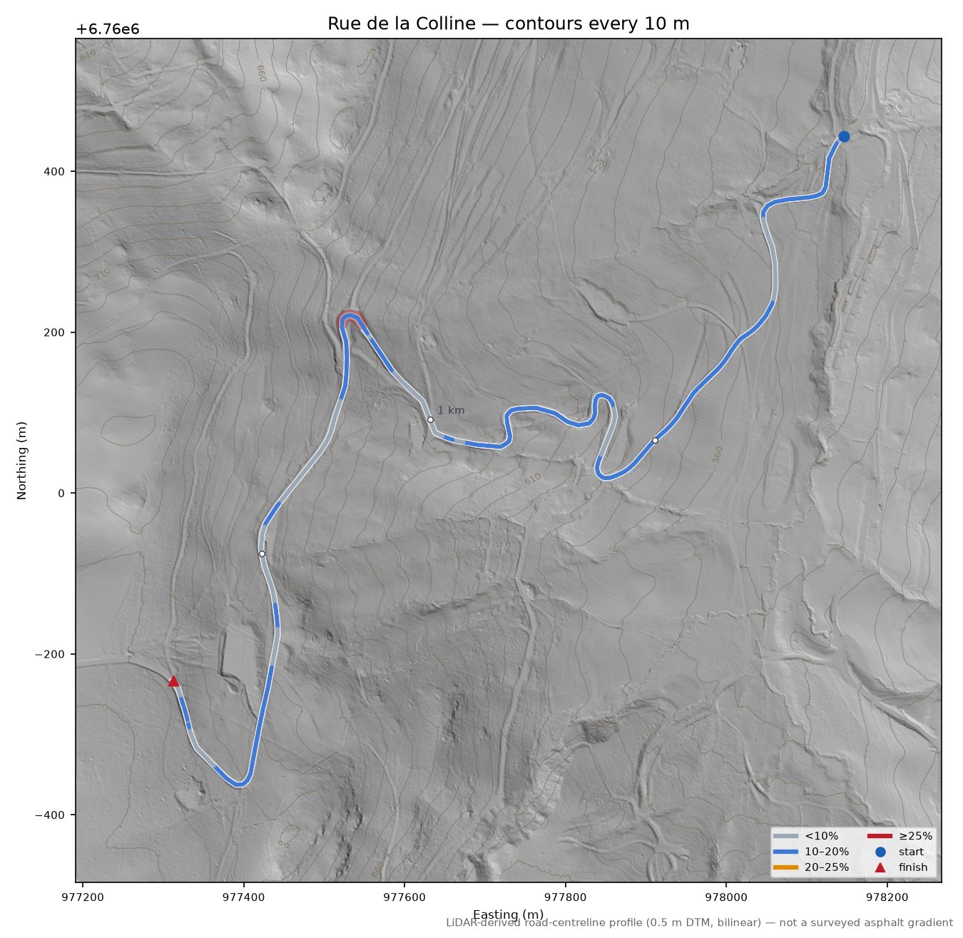 Rue de la Colline LiDAR hillshade map with contours