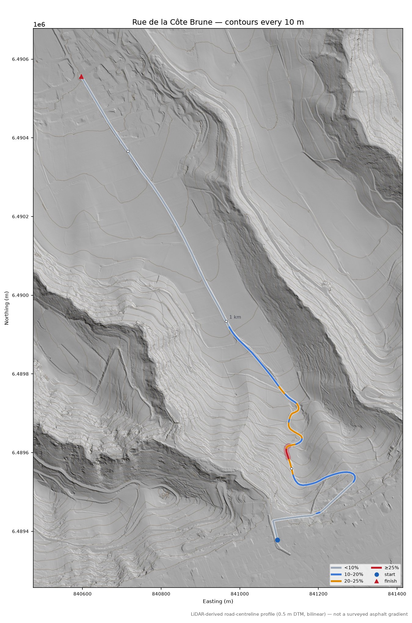 Rue de la Côte Brune LiDAR hillshade map with contours