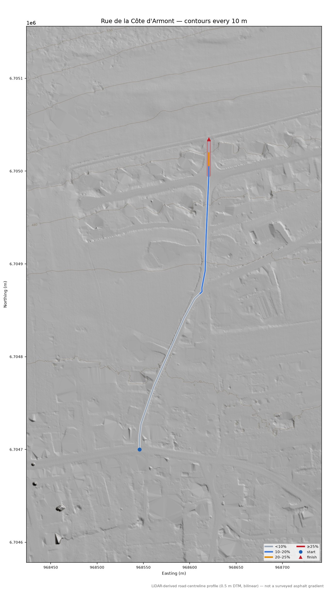 Rue de la Côte d'Armont LiDAR hillshade map with contours