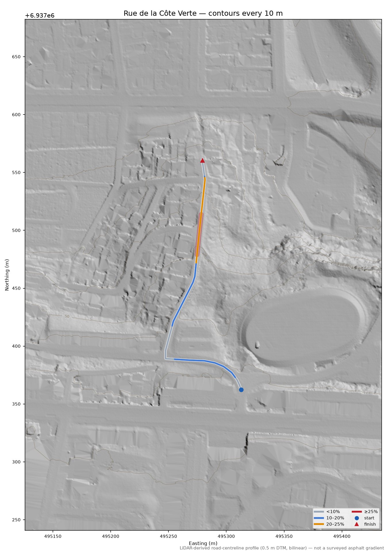 Rue de la Côte Verte LiDAR hillshade map with contours