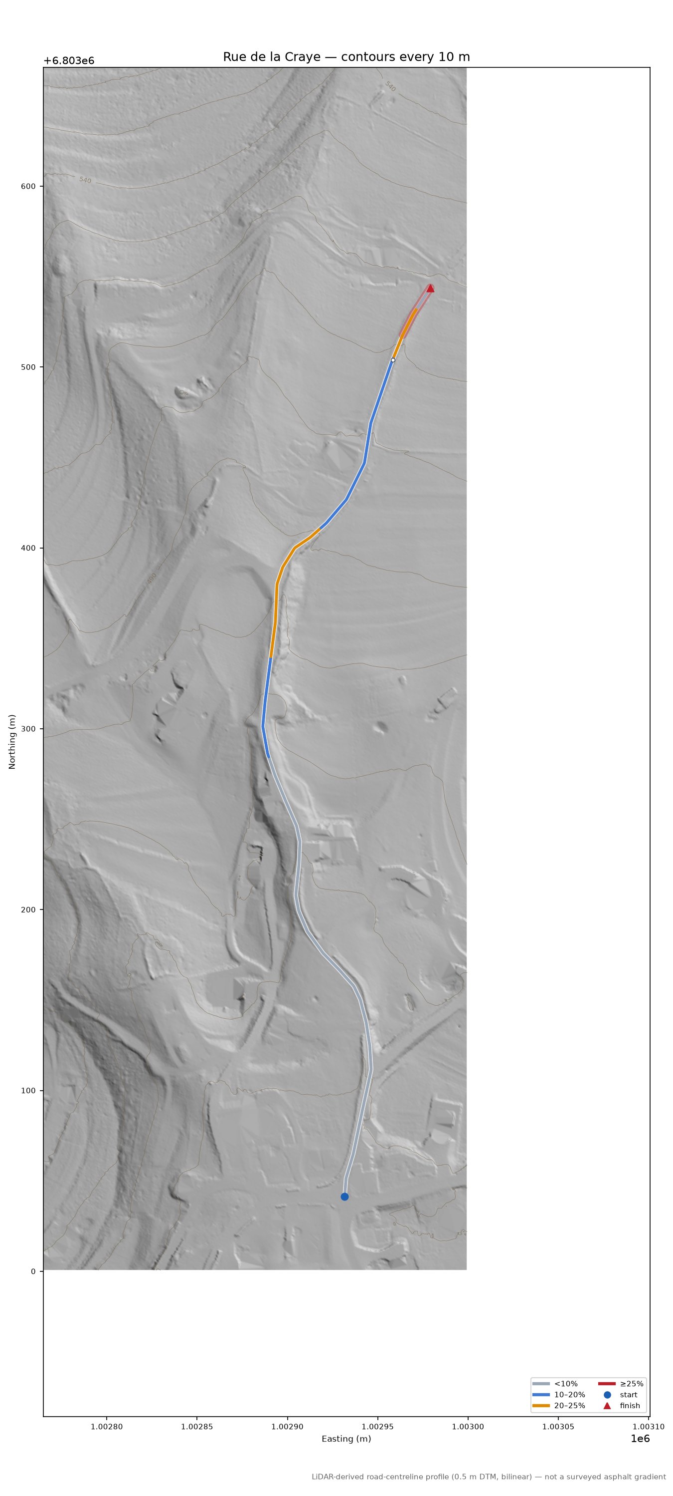 Rue de la Craye LiDAR hillshade map with contours