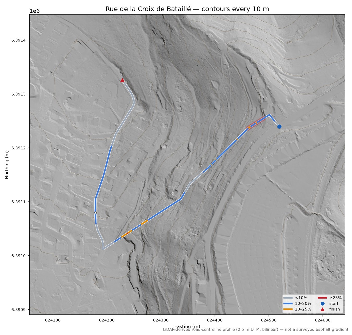Rue de la Croix de Bataillé LiDAR hillshade map with contours