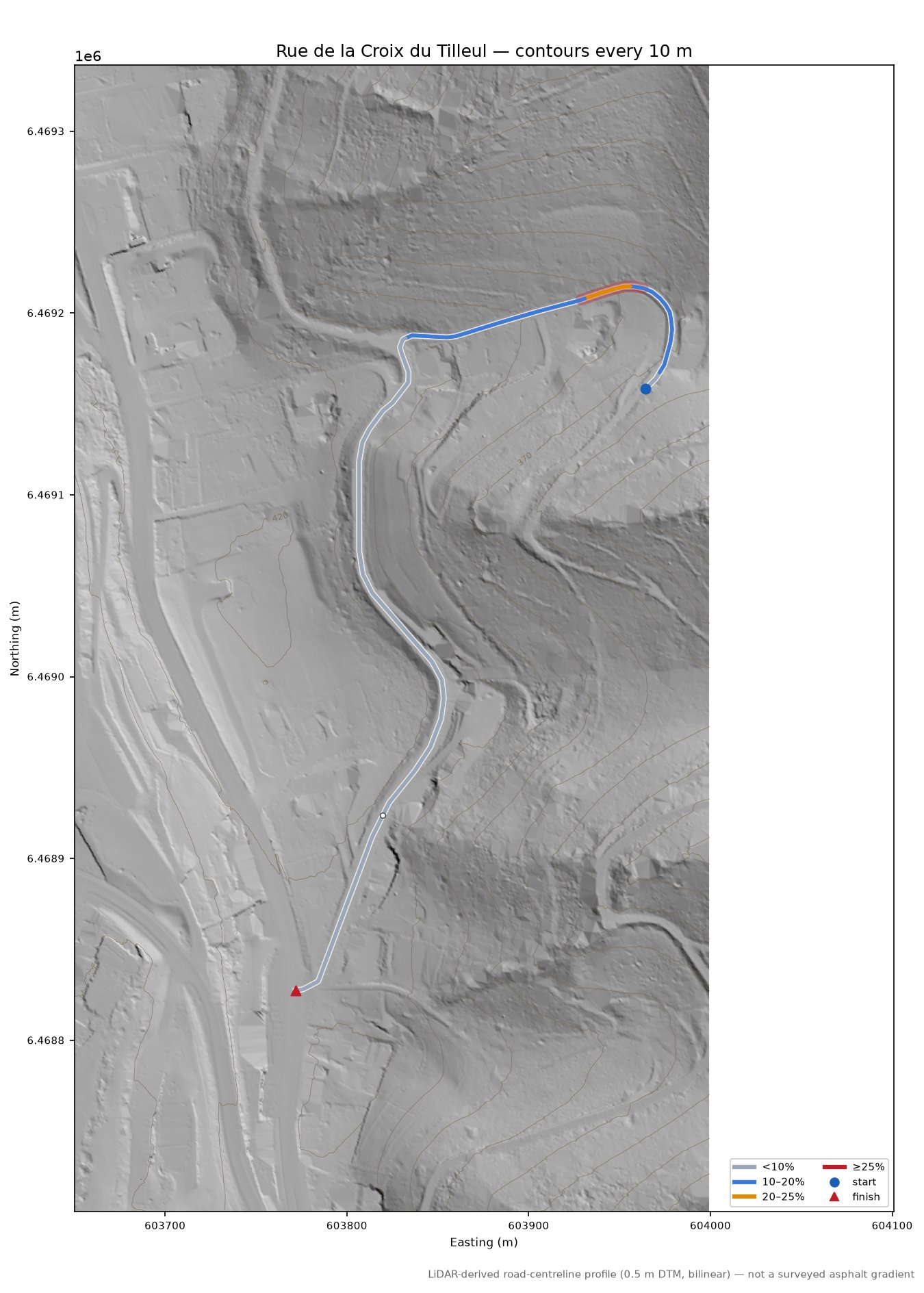 Rue de la Croix du Tilleul LiDAR hillshade map with contours