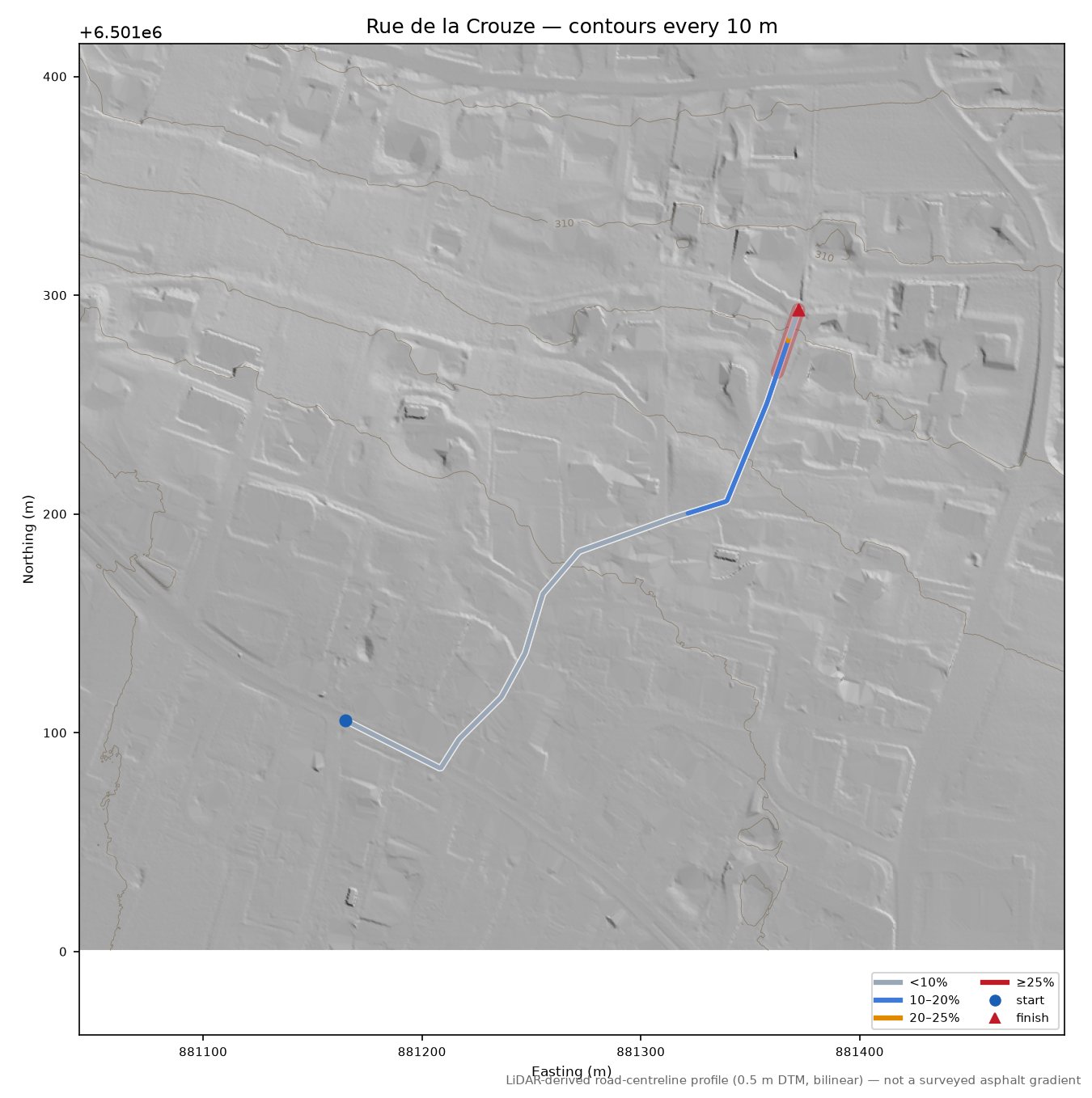 Rue de la Crouze LiDAR hillshade map with contours