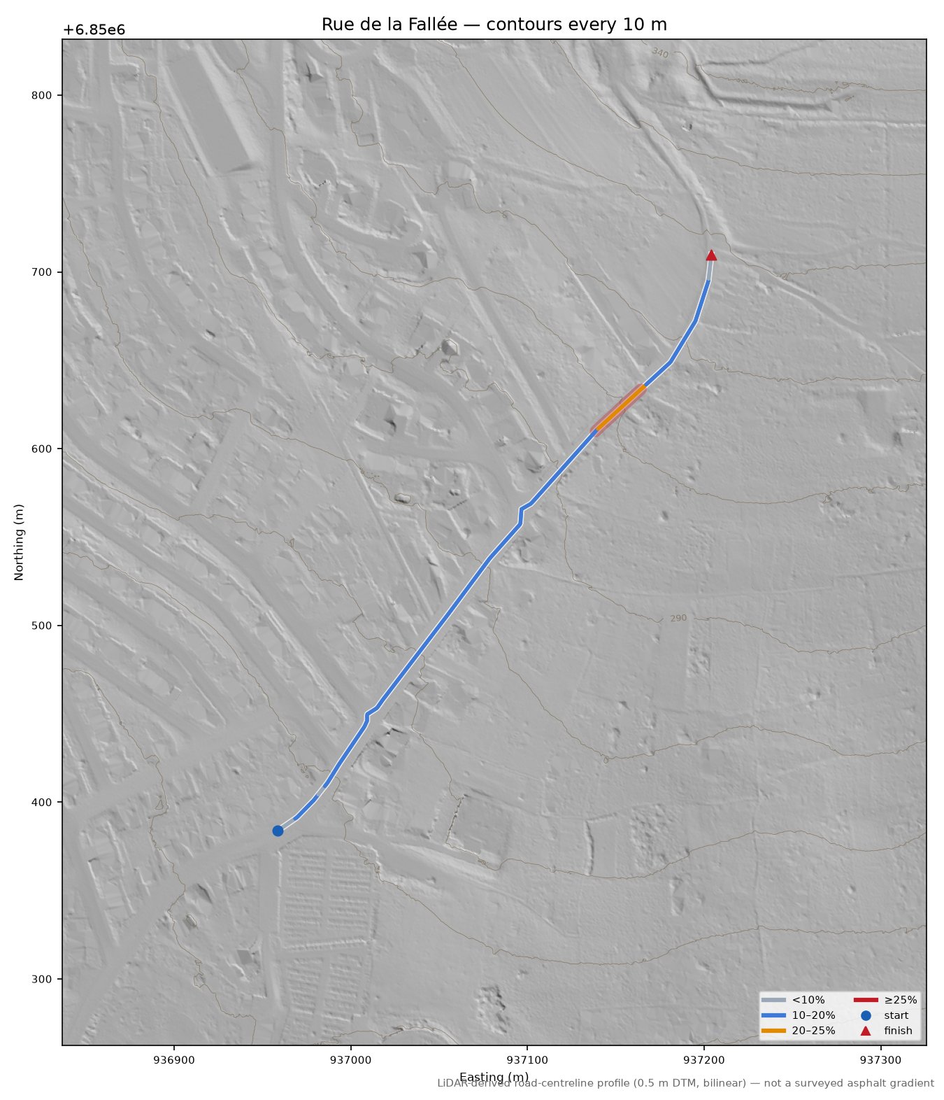 Rue de la Fallée LiDAR hillshade map with contours