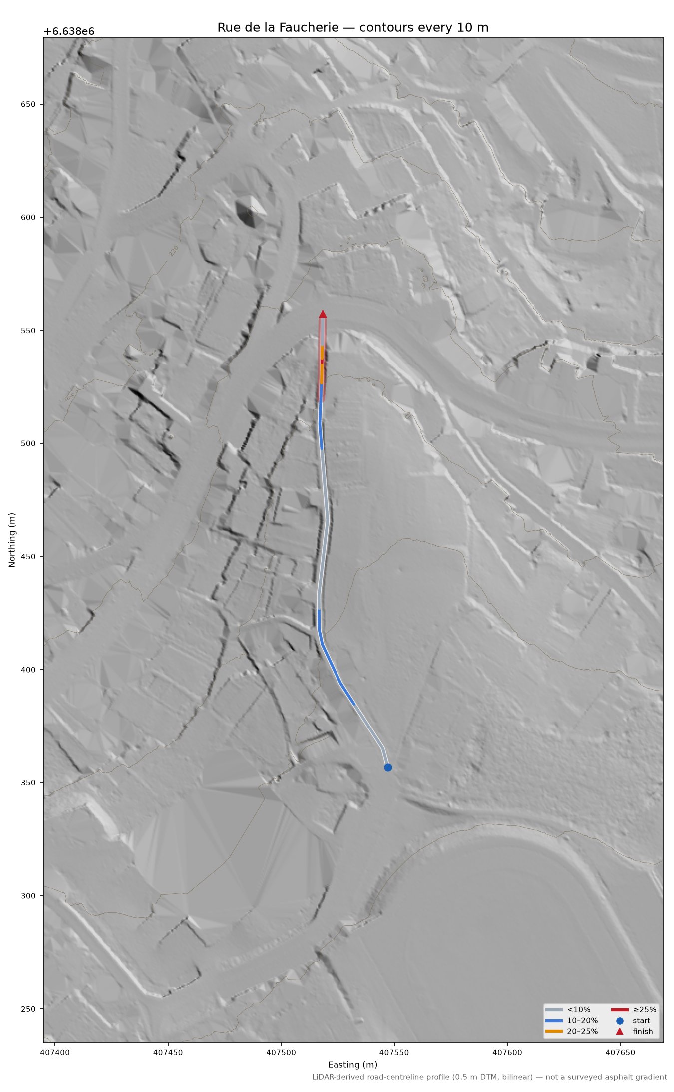 Rue de la Faucherie LiDAR hillshade map with contours
