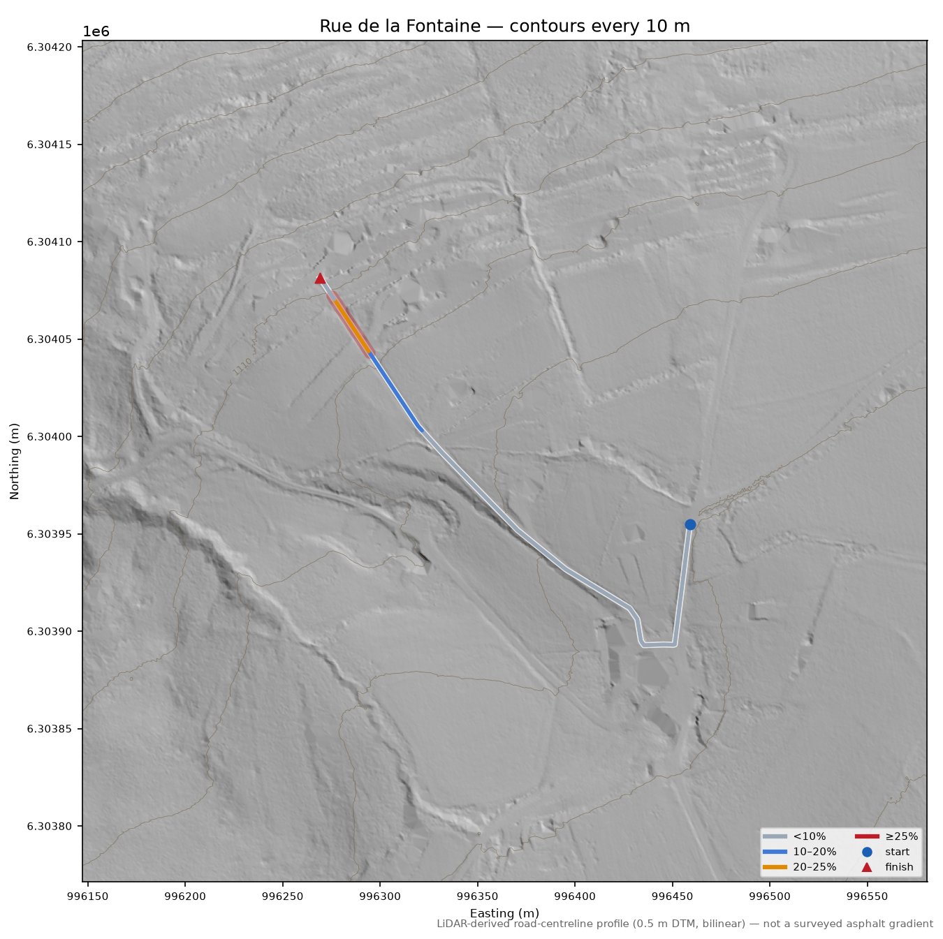 Rue de la Fontaine LiDAR hillshade map with contours