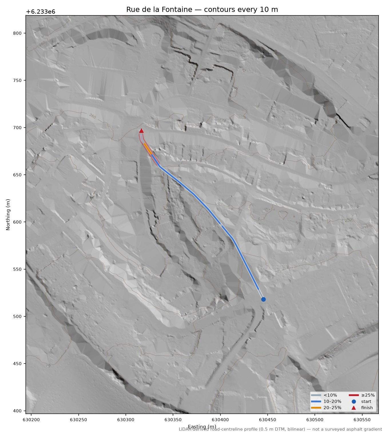 Rue de la Fontaine LiDAR hillshade map with contours