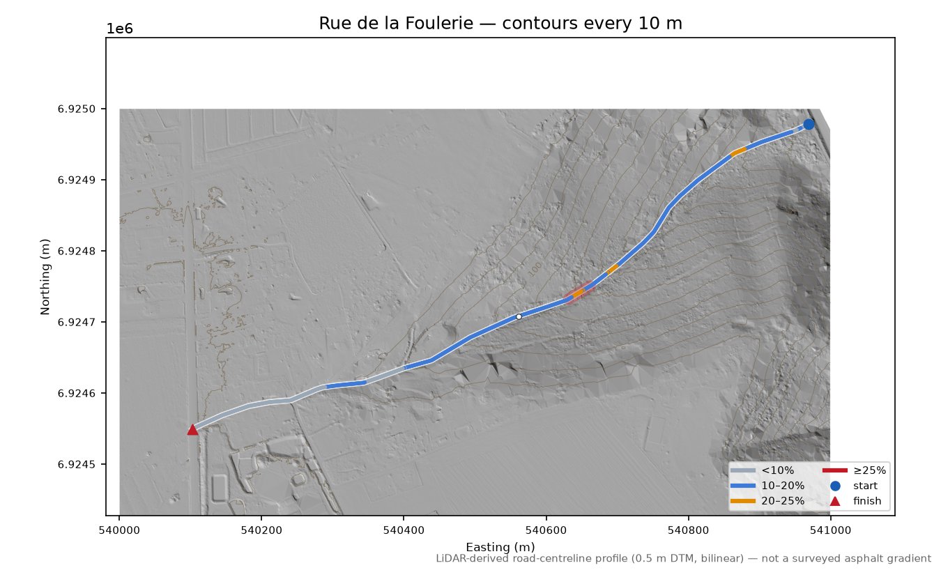 Rue de la Foulerie LiDAR hillshade map with contours