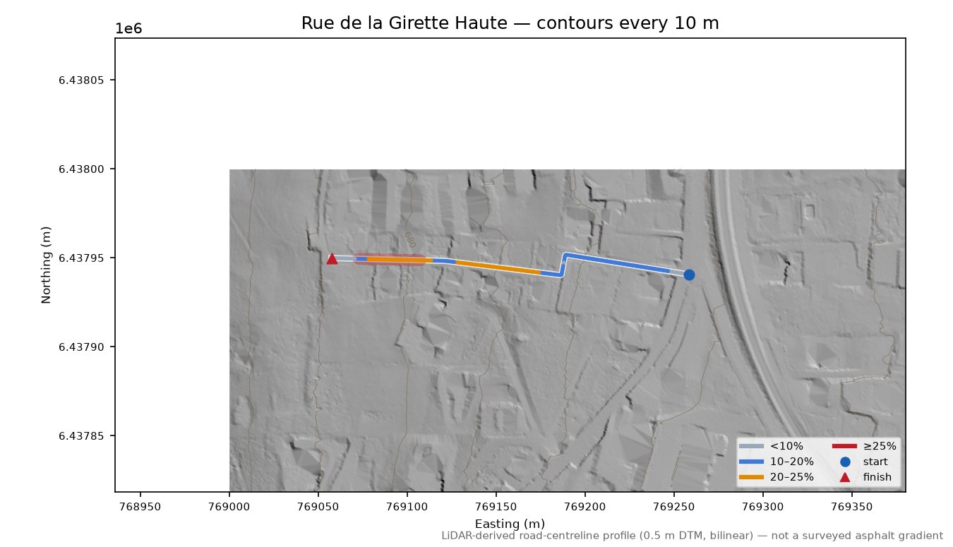 Rue de la Girette Haute LiDAR hillshade map with contours