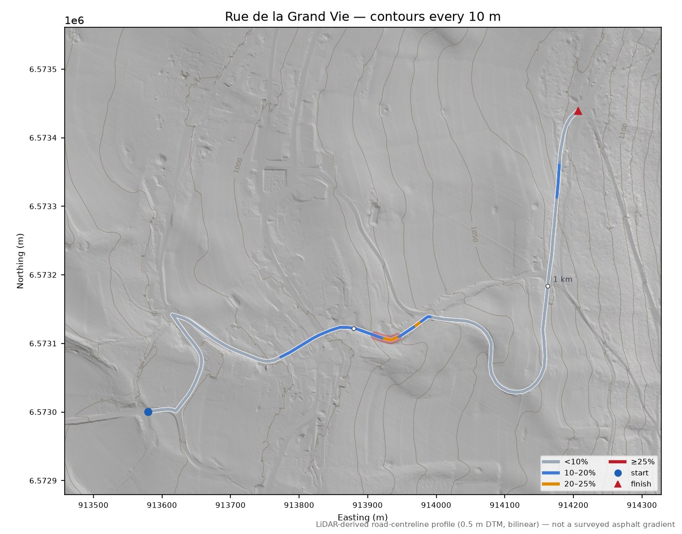 Rue de la Grand Vie LiDAR hillshade map with contours