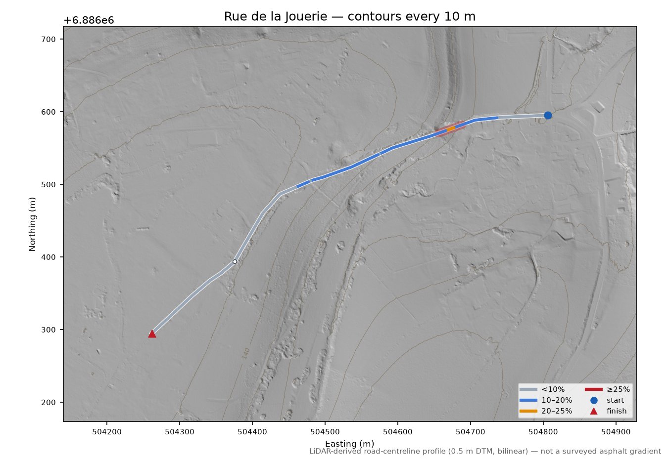 Rue de la Jouerie LiDAR hillshade map with contours