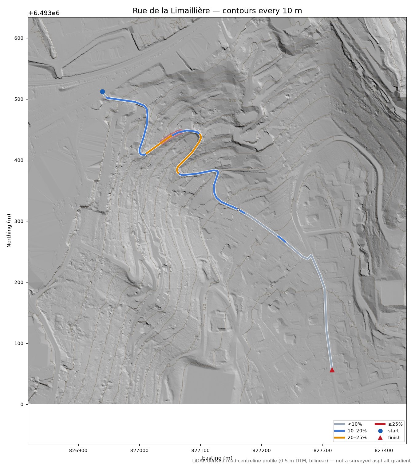 Rue de la Limaillière LiDAR hillshade map with contours