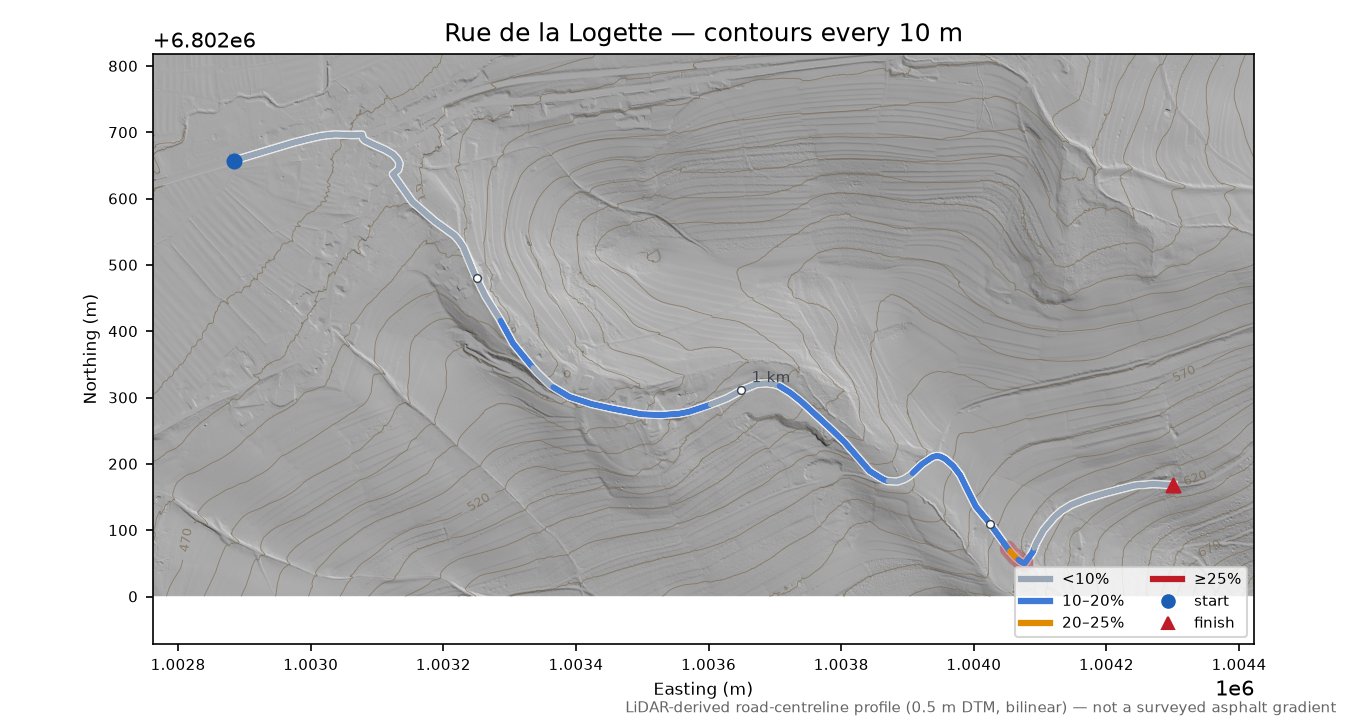 Rue de la Logette LiDAR hillshade map with contours
