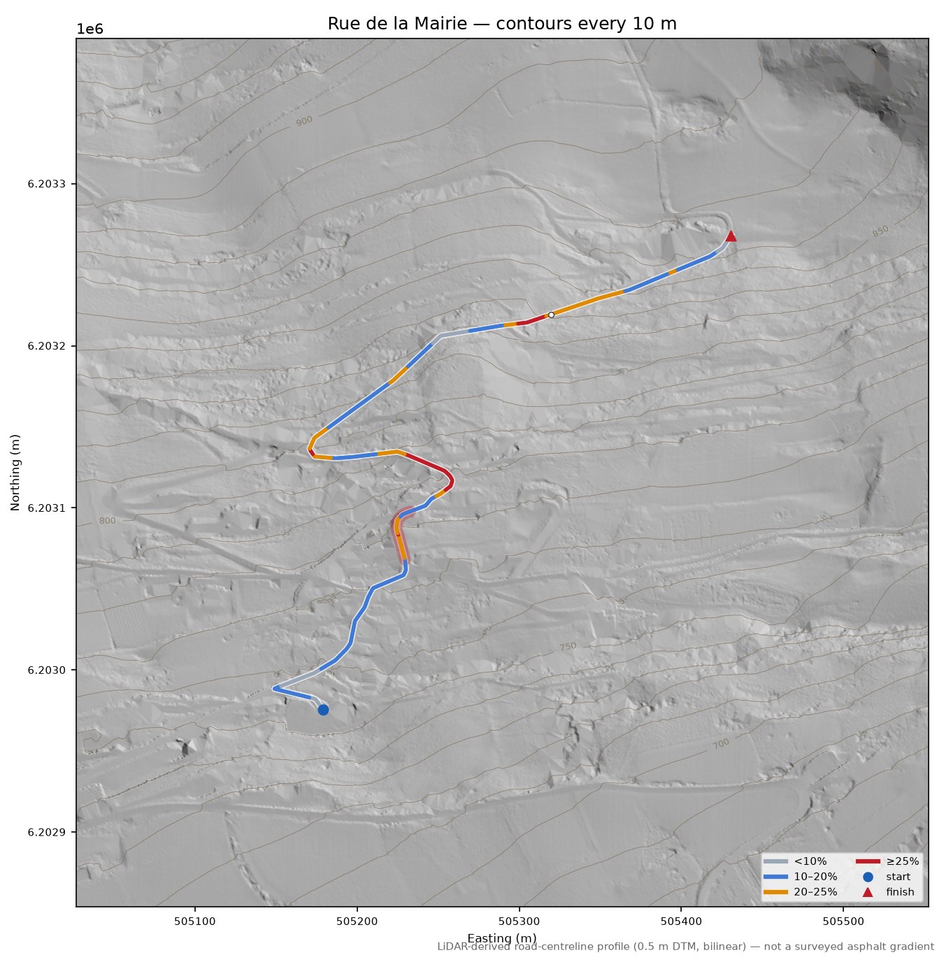 Rue de la Mairie LiDAR hillshade map with contours