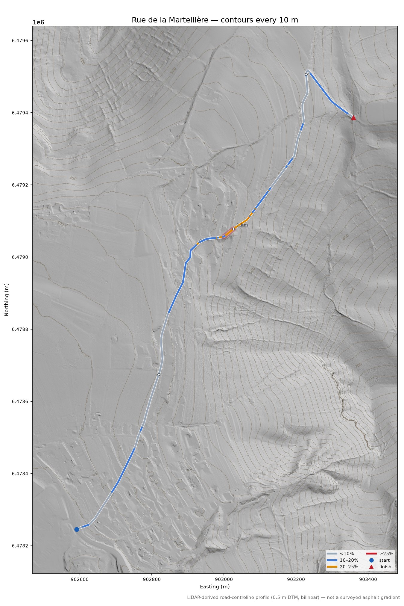 Rue de la Martellière LiDAR hillshade map with contours