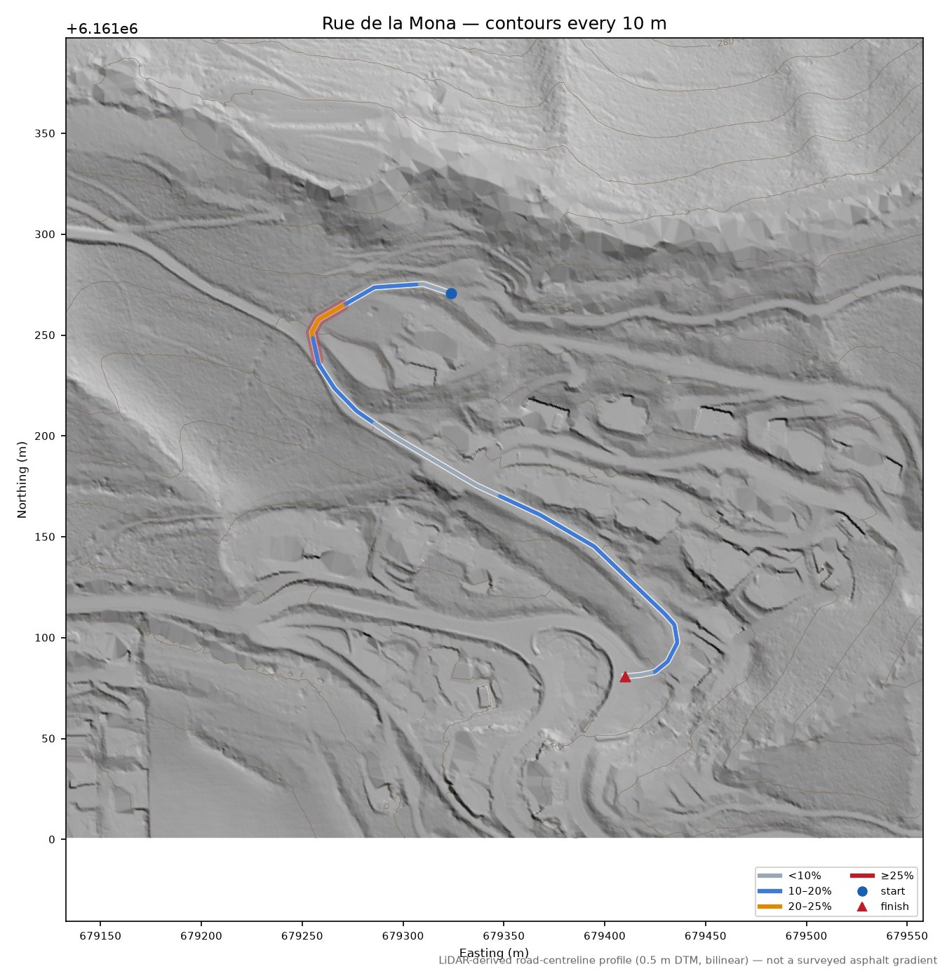 Rue de la Mona LiDAR hillshade map with contours