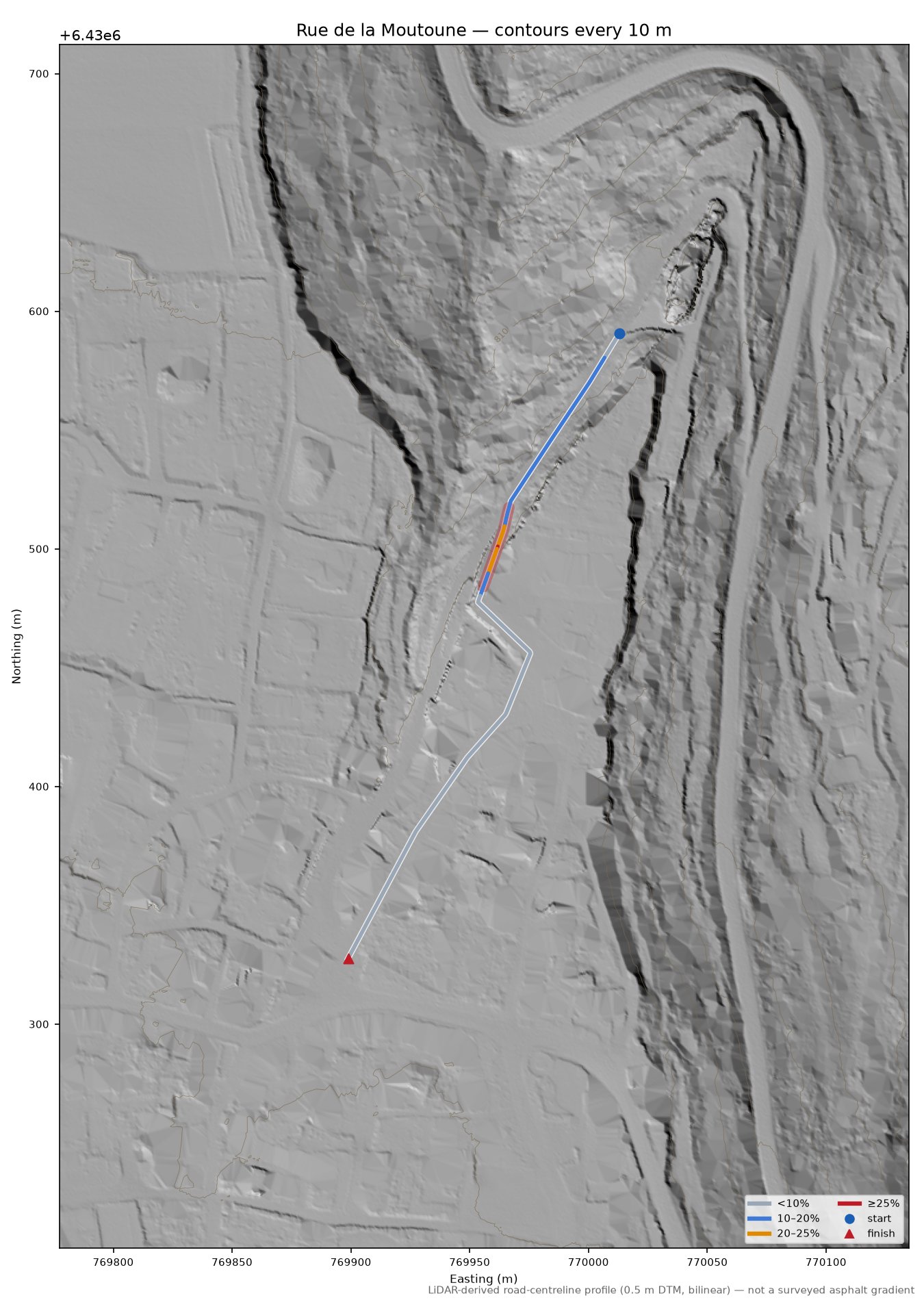 Rue de la Moutoune LiDAR hillshade map with contours
