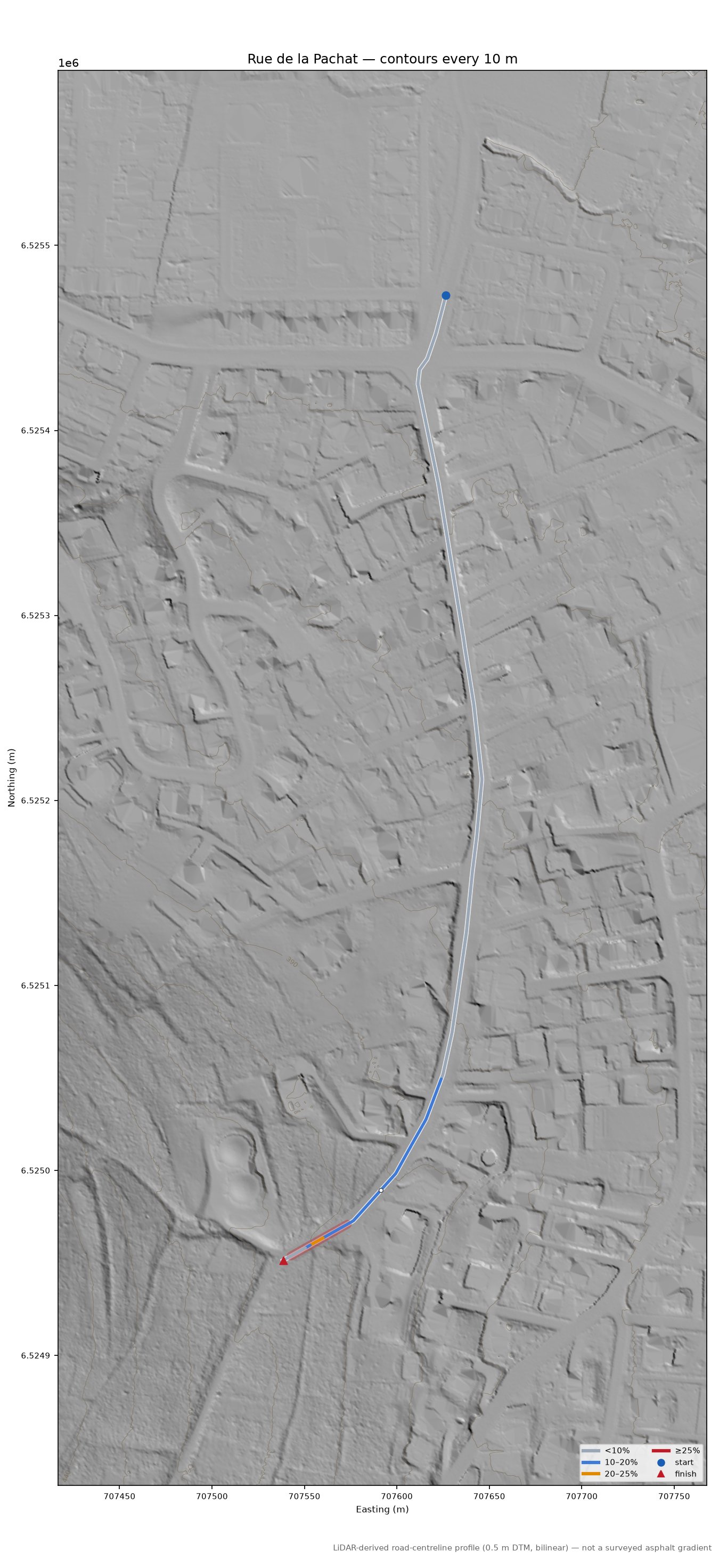 Rue de la Pachat LiDAR hillshade map with contours