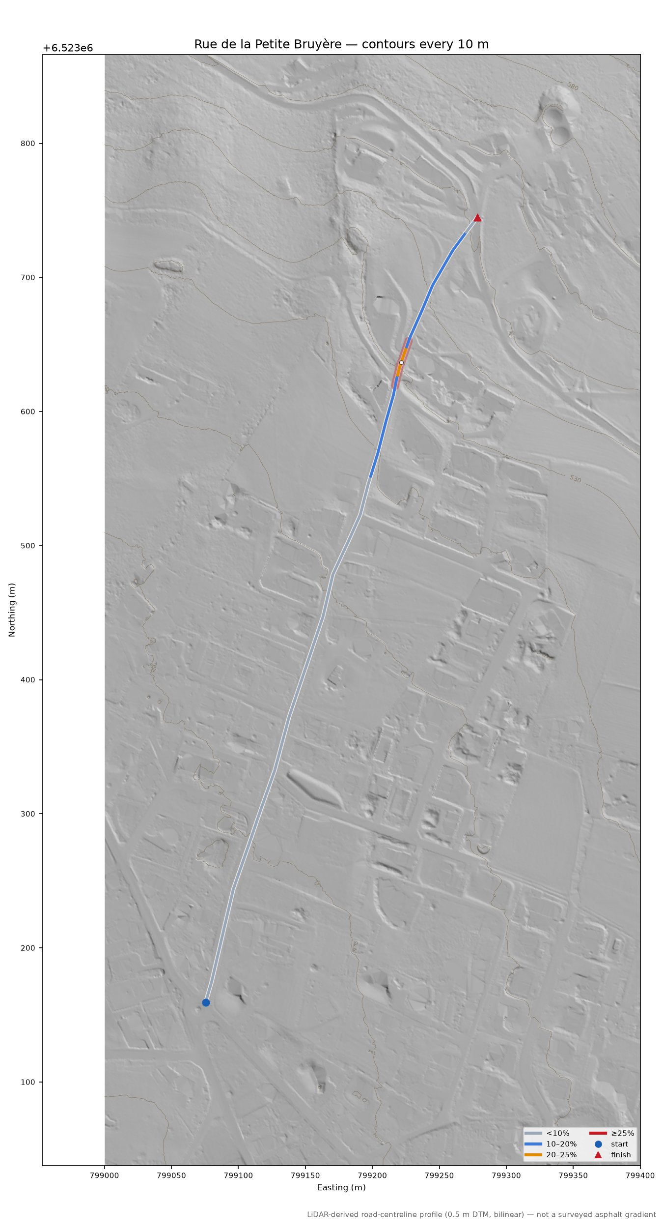 Rue de la Petite Bruyère LiDAR hillshade map with contours