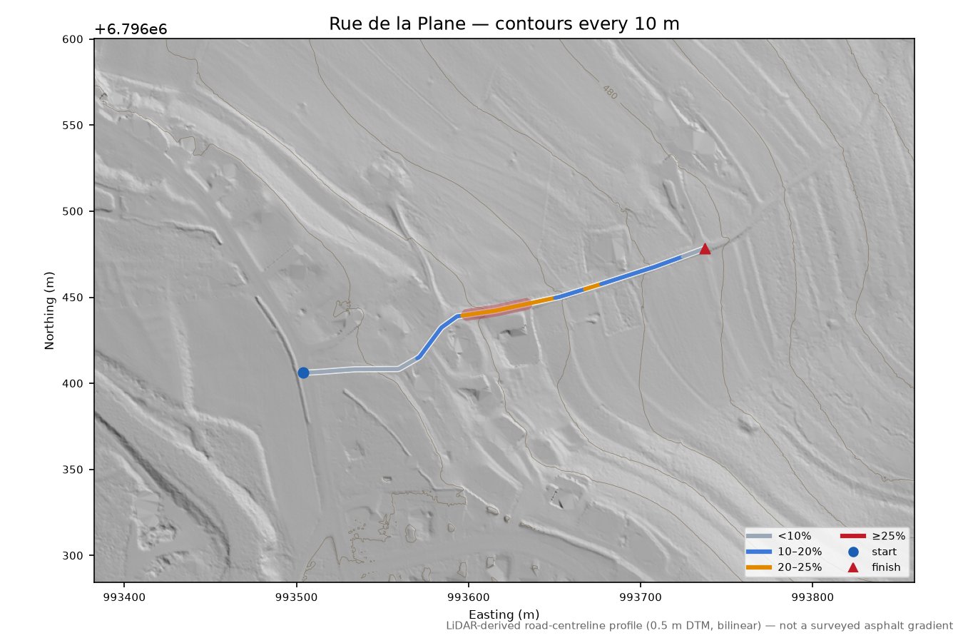 Rue de la Plane LiDAR hillshade map with contours