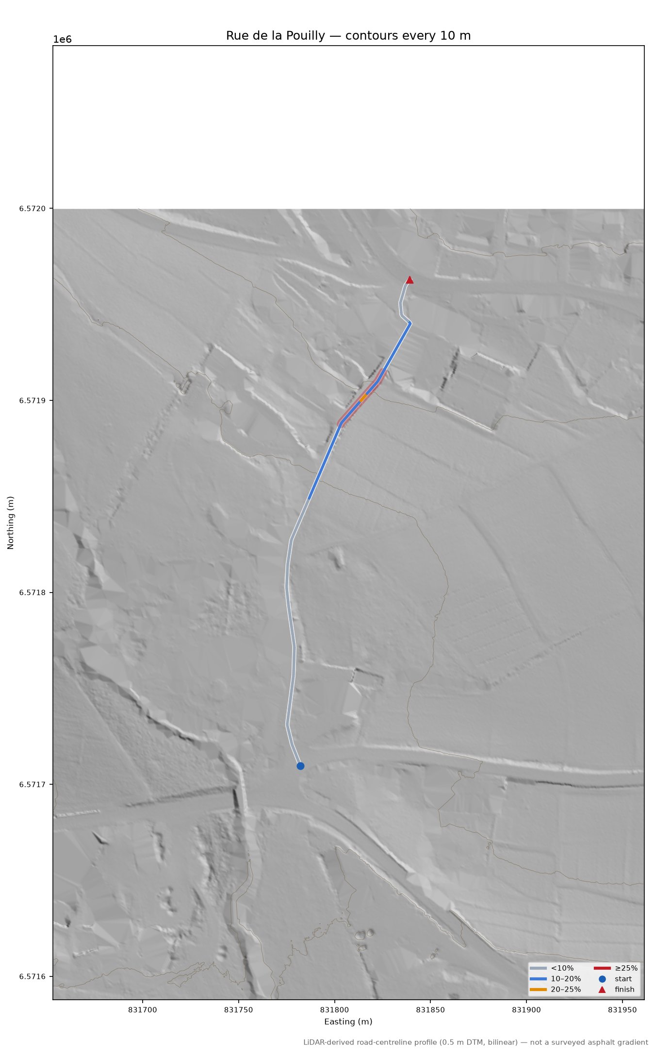 Rue de la Pouilly LiDAR hillshade map with contours