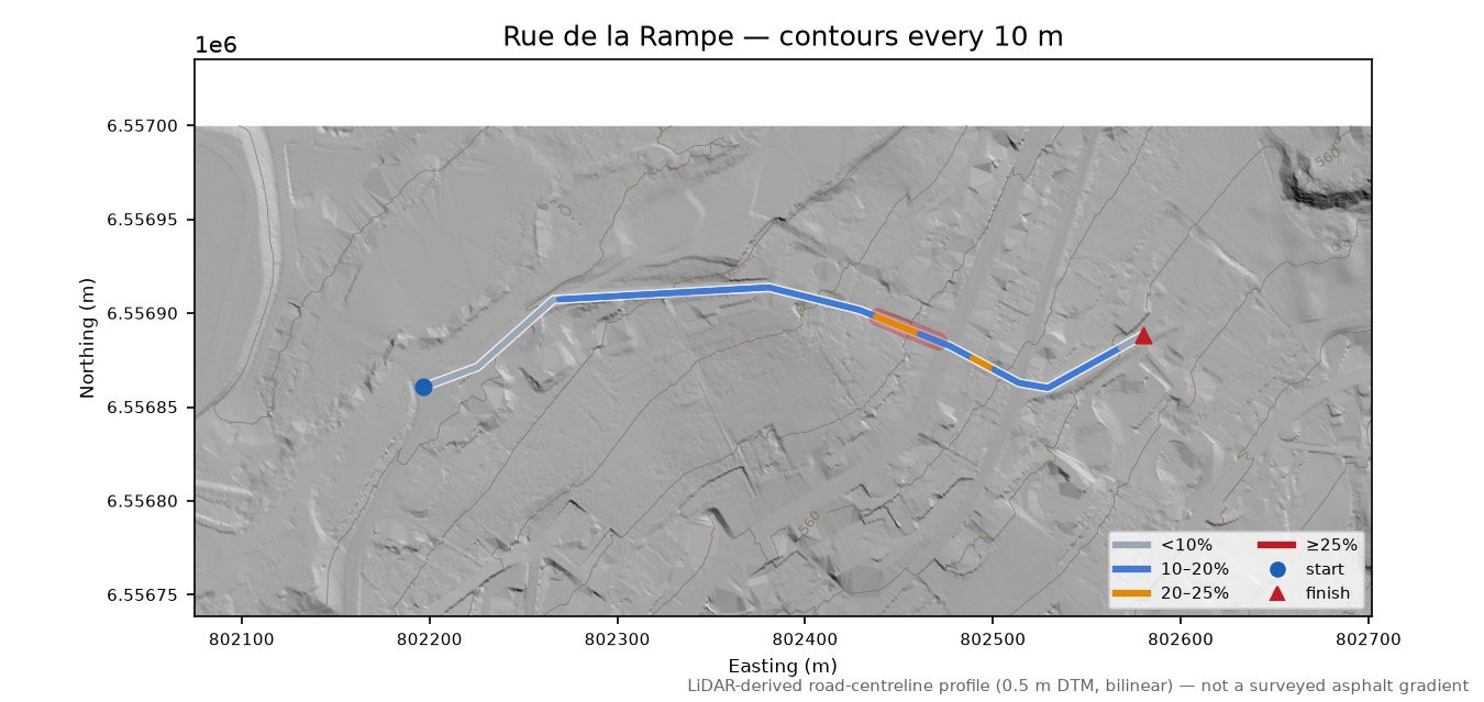 Rue de la Rampe LiDAR hillshade map with contours