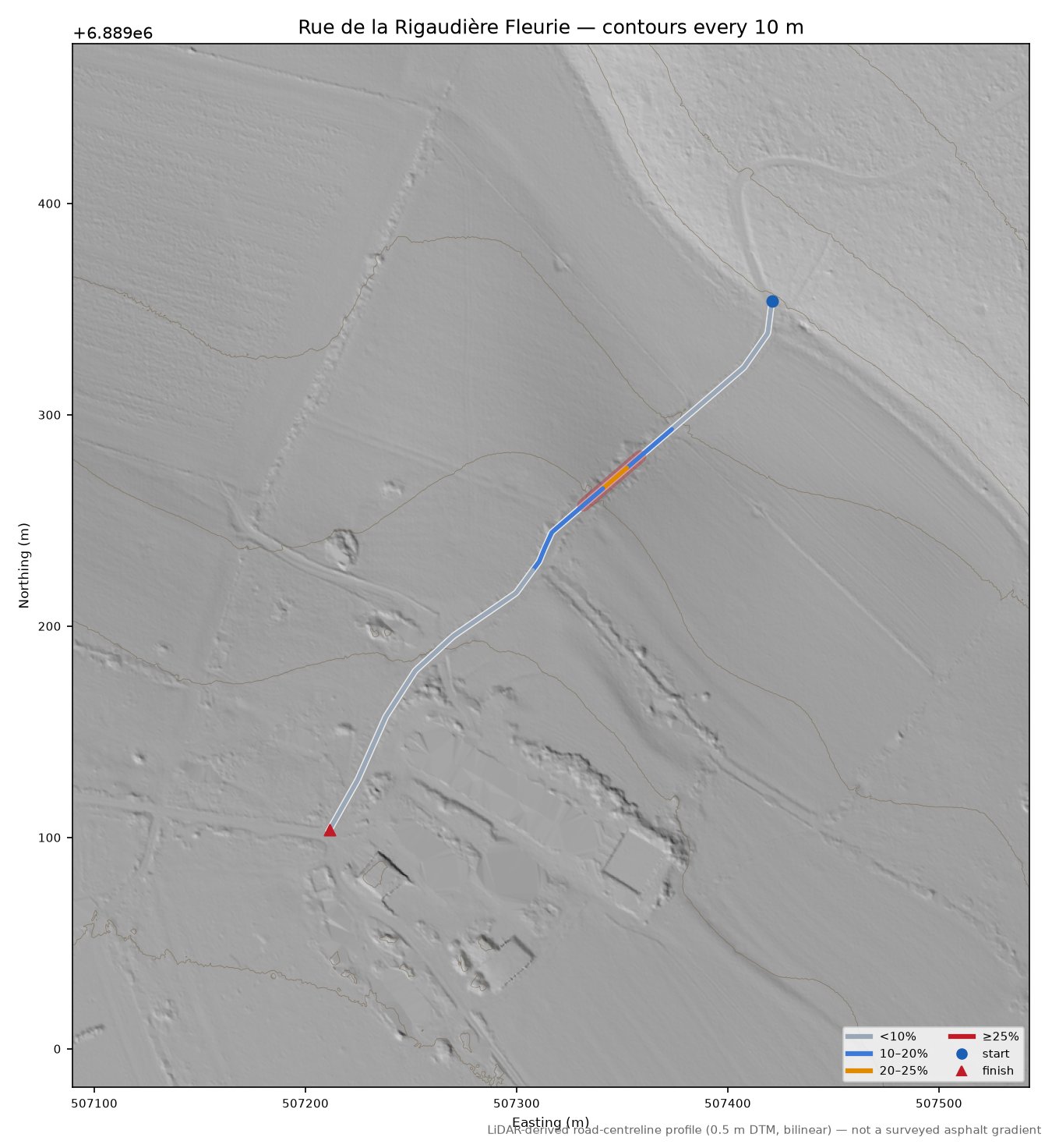 Rue de la Rigaudière Fleurie LiDAR hillshade map with contours