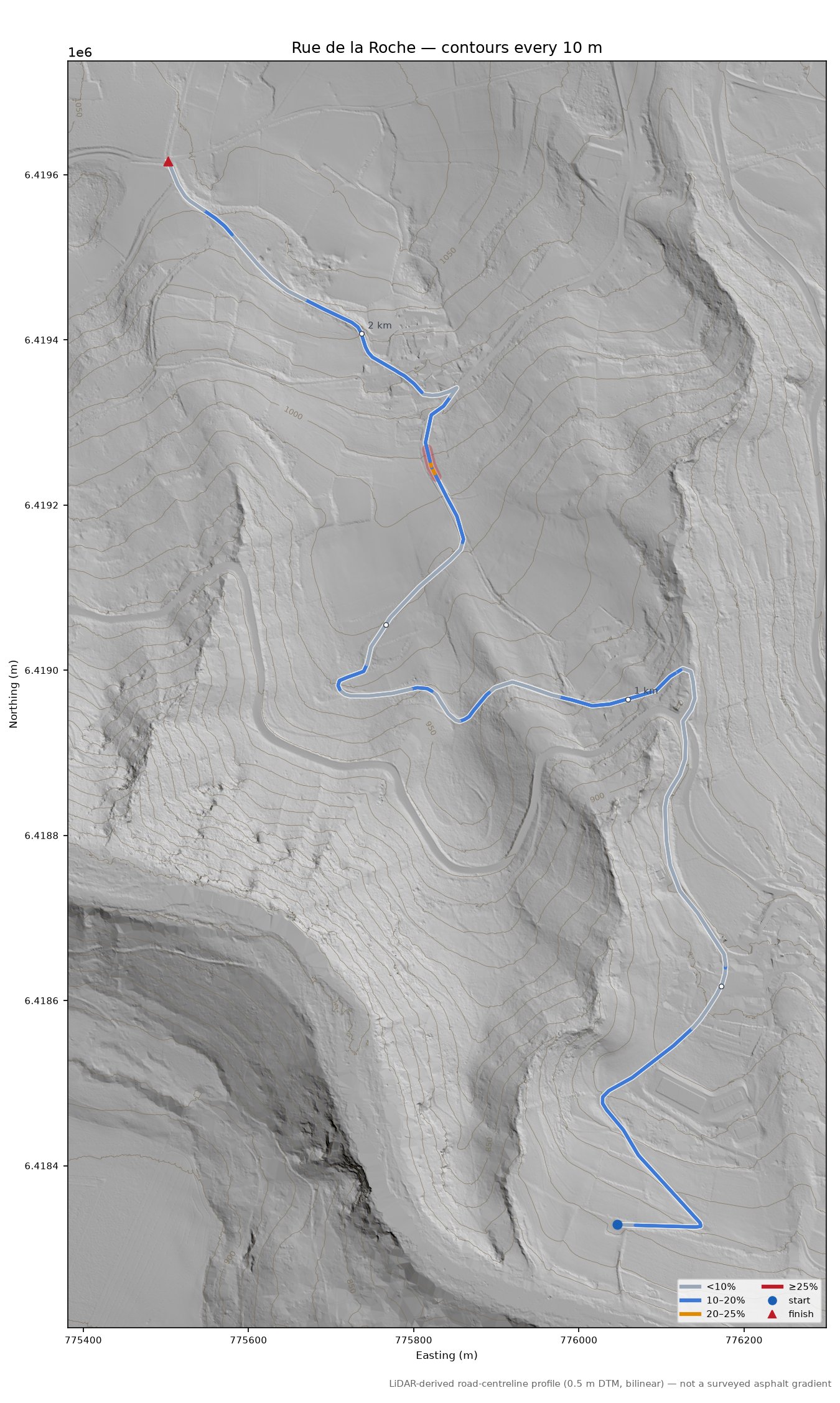 Rue de la Roche LiDAR hillshade map with contours