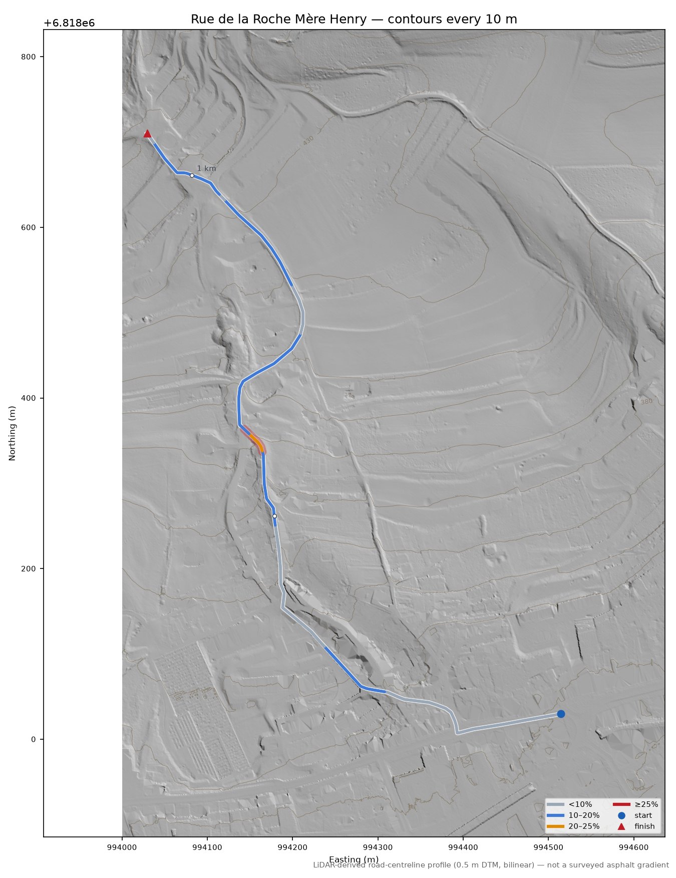 Rue de la Roche Mère Henry LiDAR hillshade map with contours
