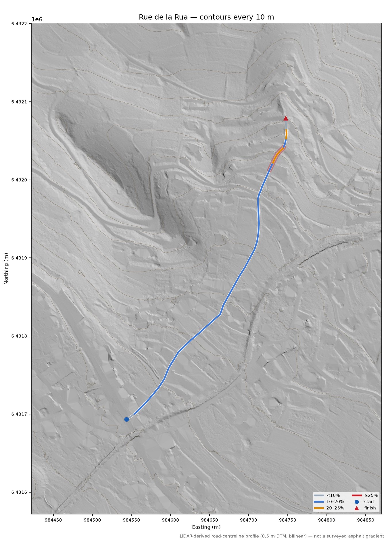 Rue de la Rua LiDAR hillshade map with contours
