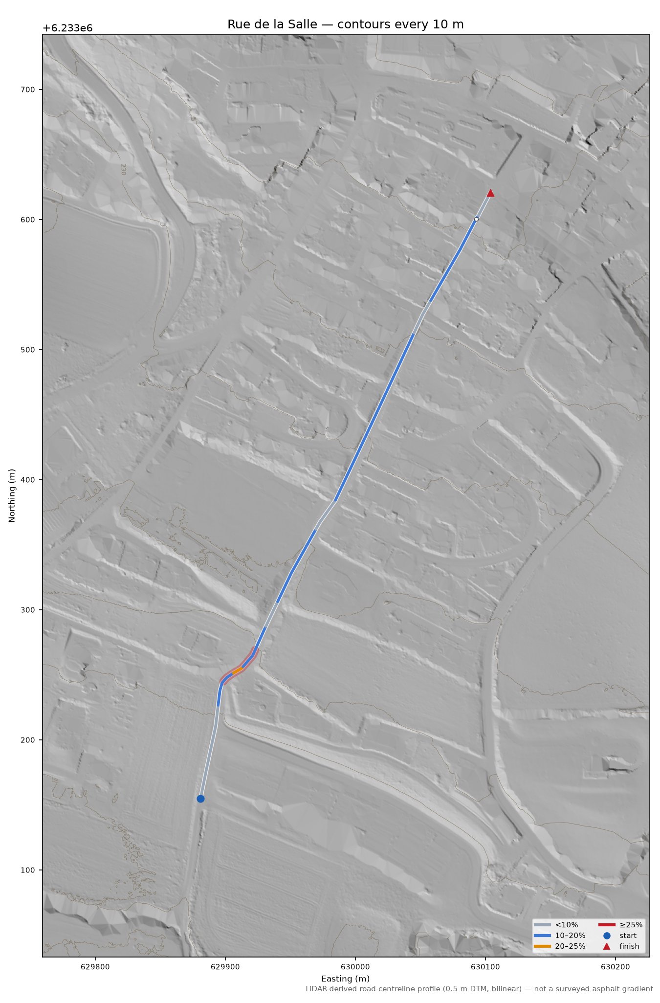Rue de la Salle LiDAR hillshade map with contours